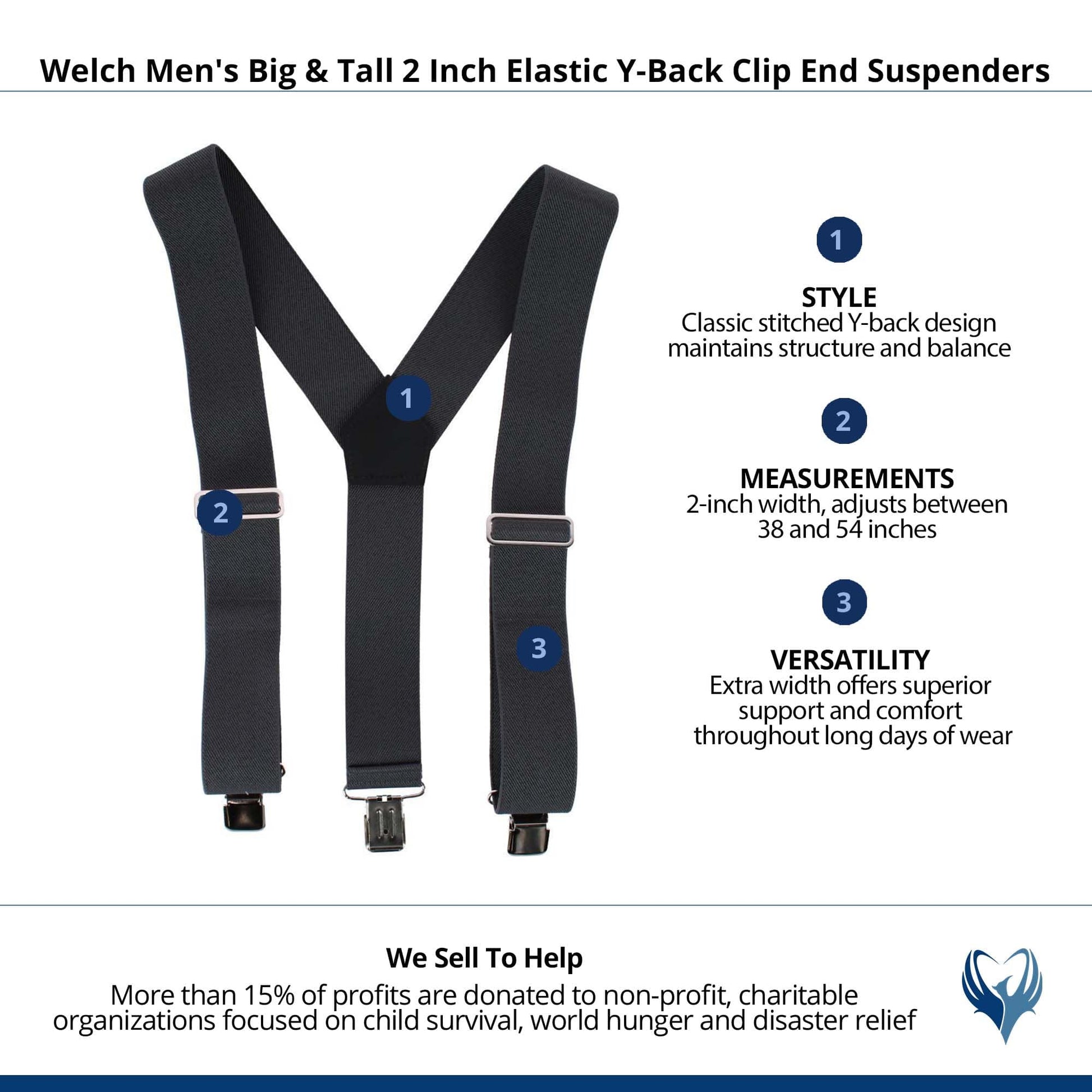 Welch Men's Big & Tall 2 Inch Elastic Y-Back Clip End Suspenders - Grey
