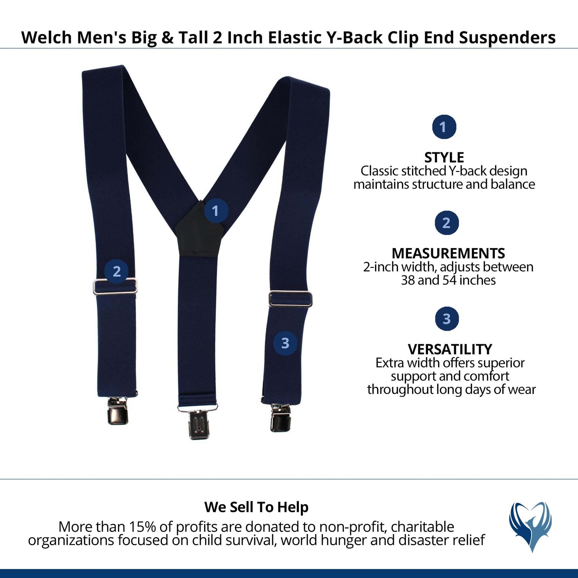 Welch Men's Big & Tall 2 Inch Elastic Y-Back Clip End Suspenders - Navy