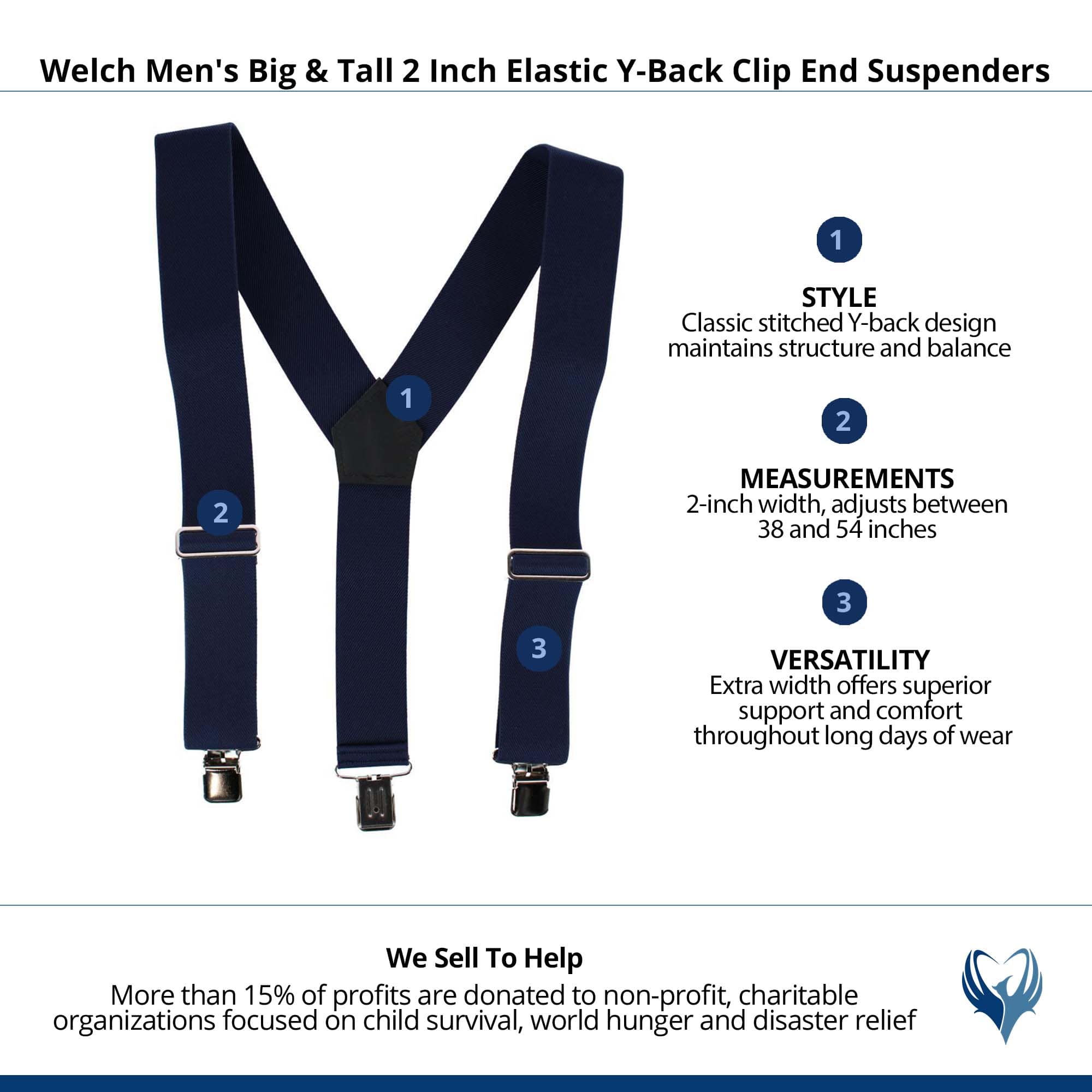 Welch Men's Big & Tall 2 Inch Elastic Y-Back Clip End Suspenders - Navy