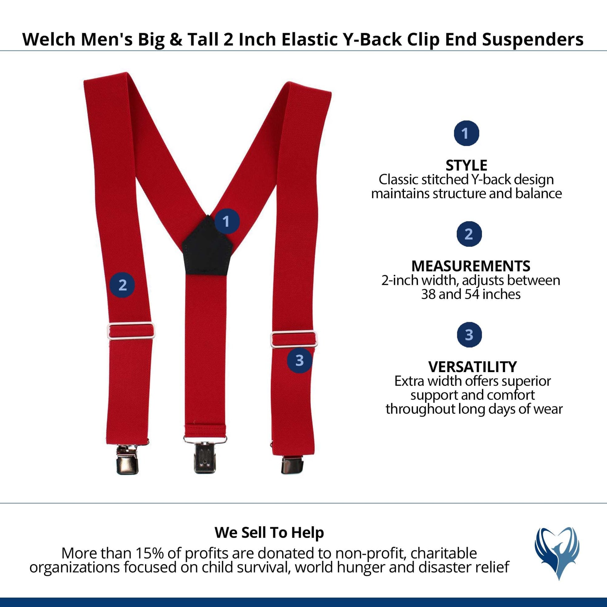 Welch Men's Big & Tall 2 Inch Elastic Y-Back Clip End Suspenders - Red