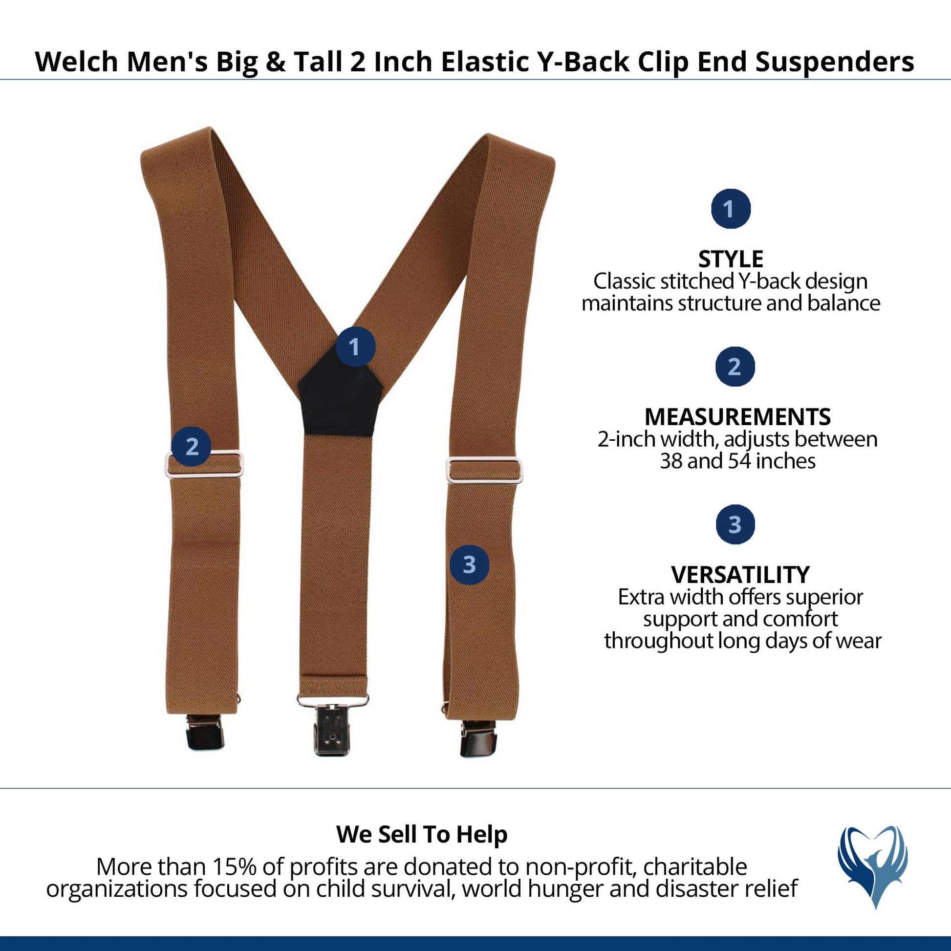 Welch Men's Big & Tall 2 Inch Elastic Y-Back Clip End Suspenders - Tan