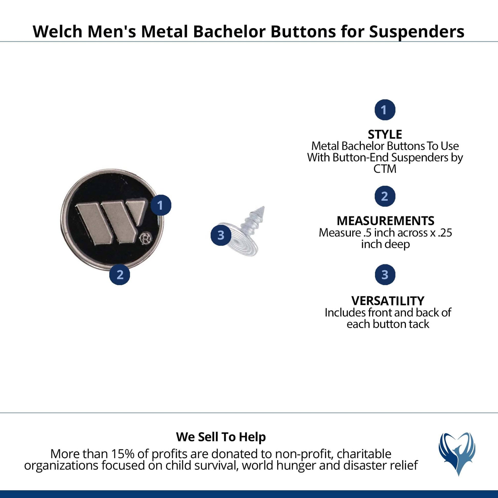 Welch Men's Metal Bachelor Buttons for Suspenders - Silver and Black