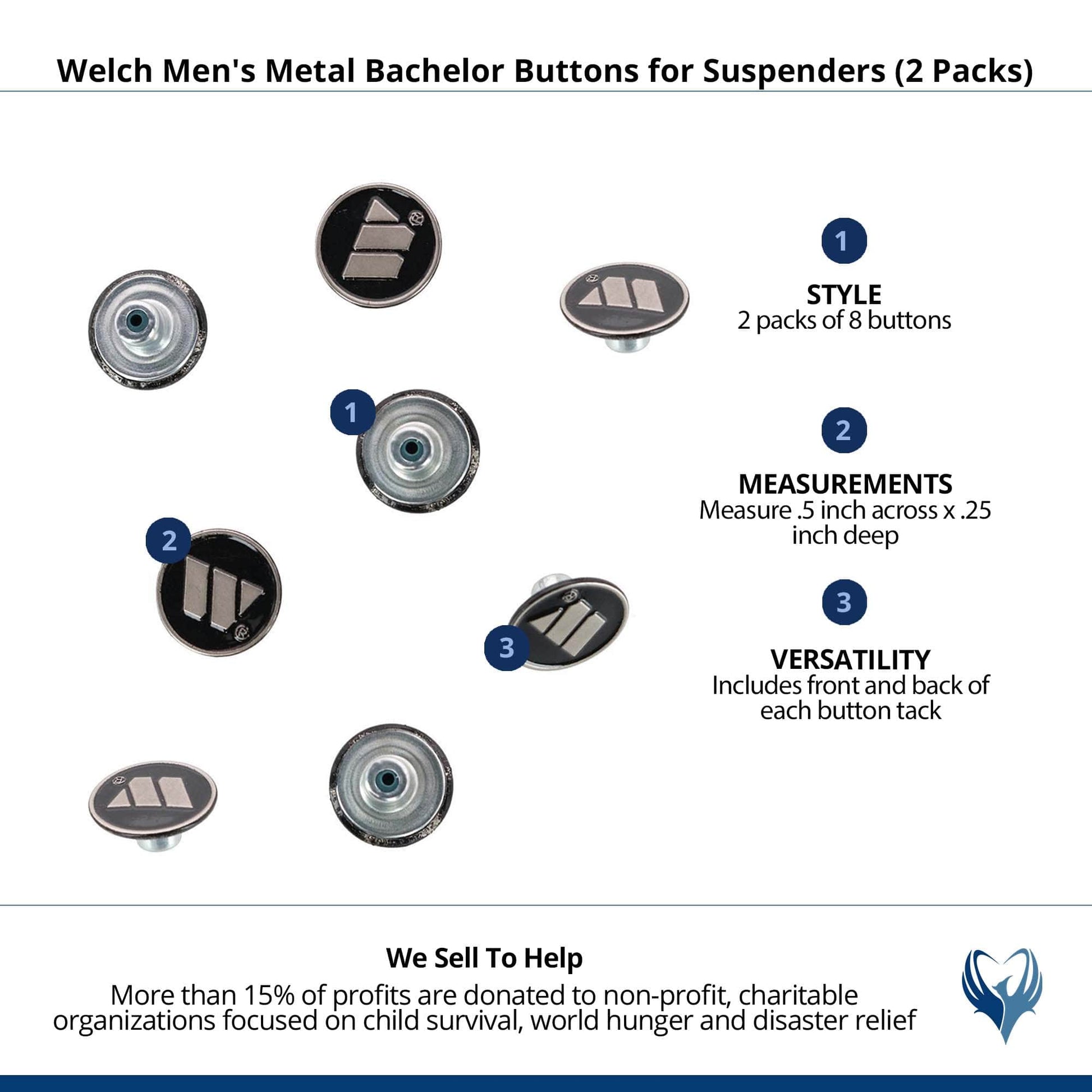 Welch Men's Metal Bachelor Buttons for Suspenders (2 Packs) - Silver and Black