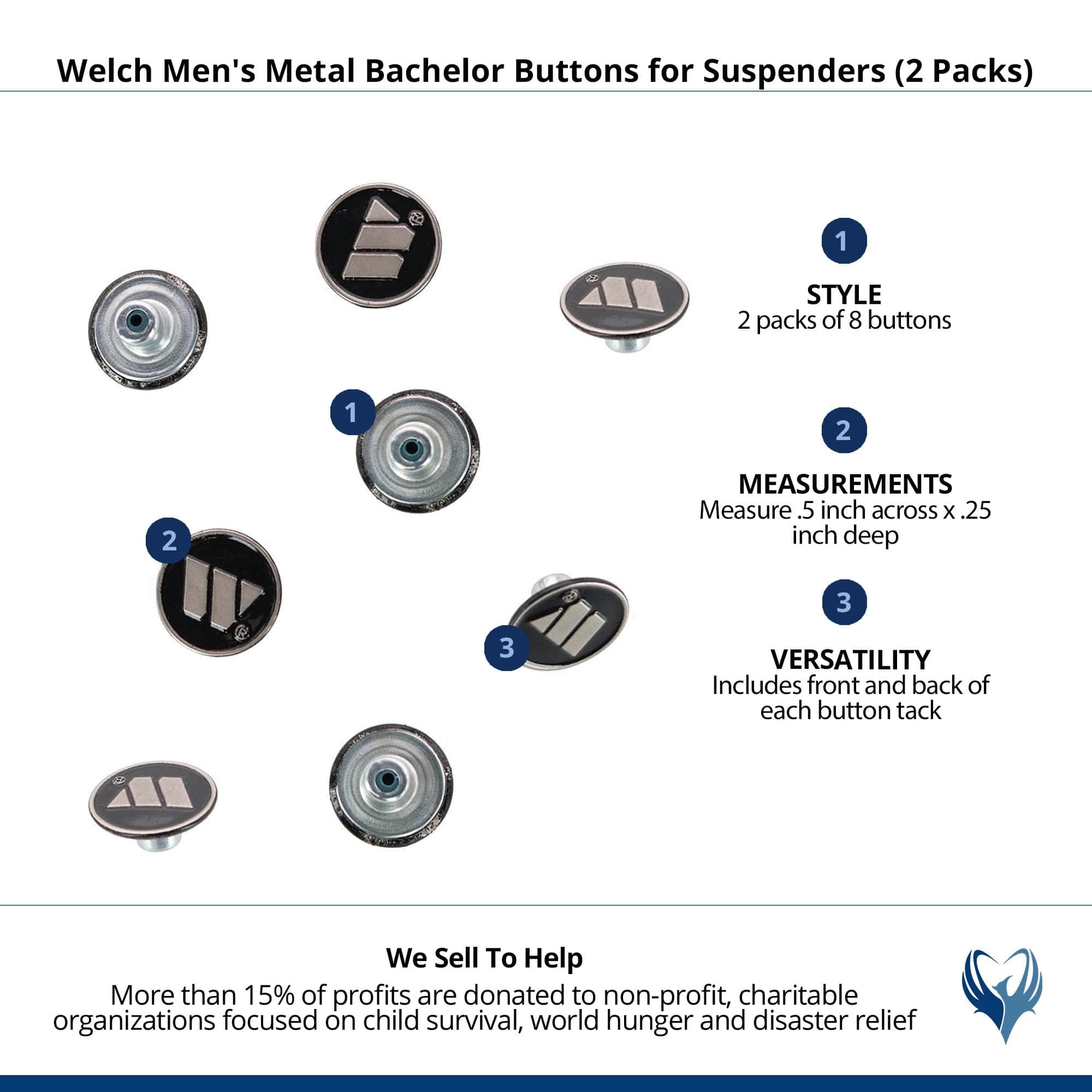 Welch Men's Metal Bachelor Buttons for Suspenders (2 Packs) - Silver and Black