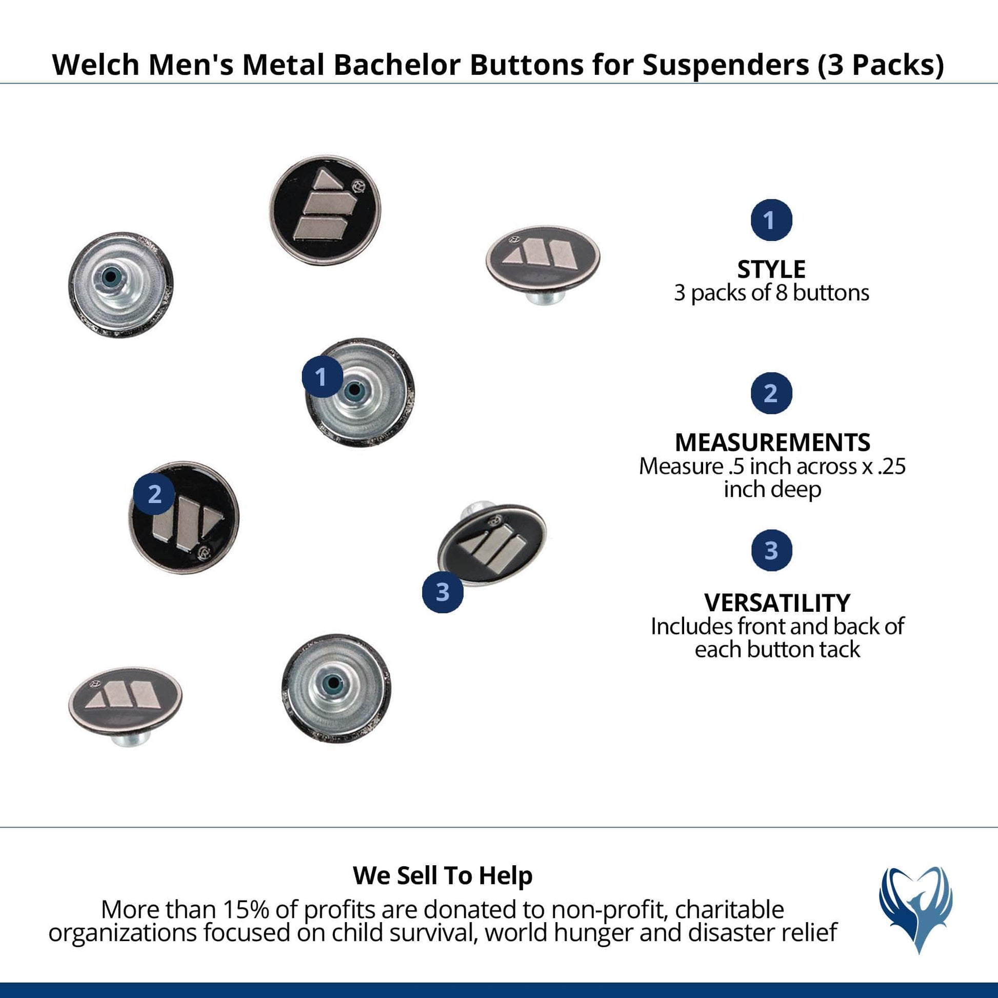 Welch Men's Metal Bachelor Buttons for Suspenders (3 Packs) - Silver and Black