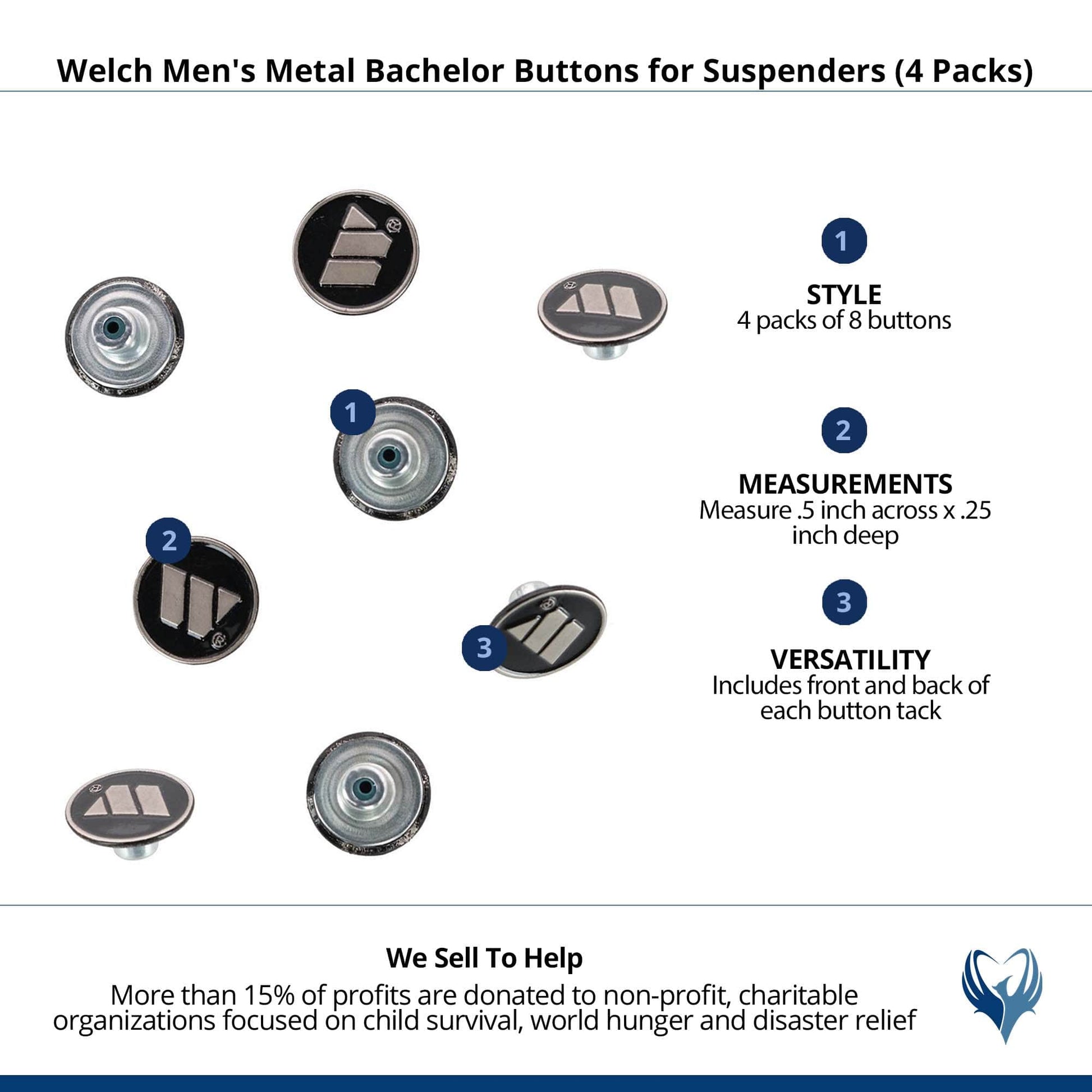 Welch Men's Metal Bachelor Buttons for Suspenders (4 Packs) - Silver and Black
