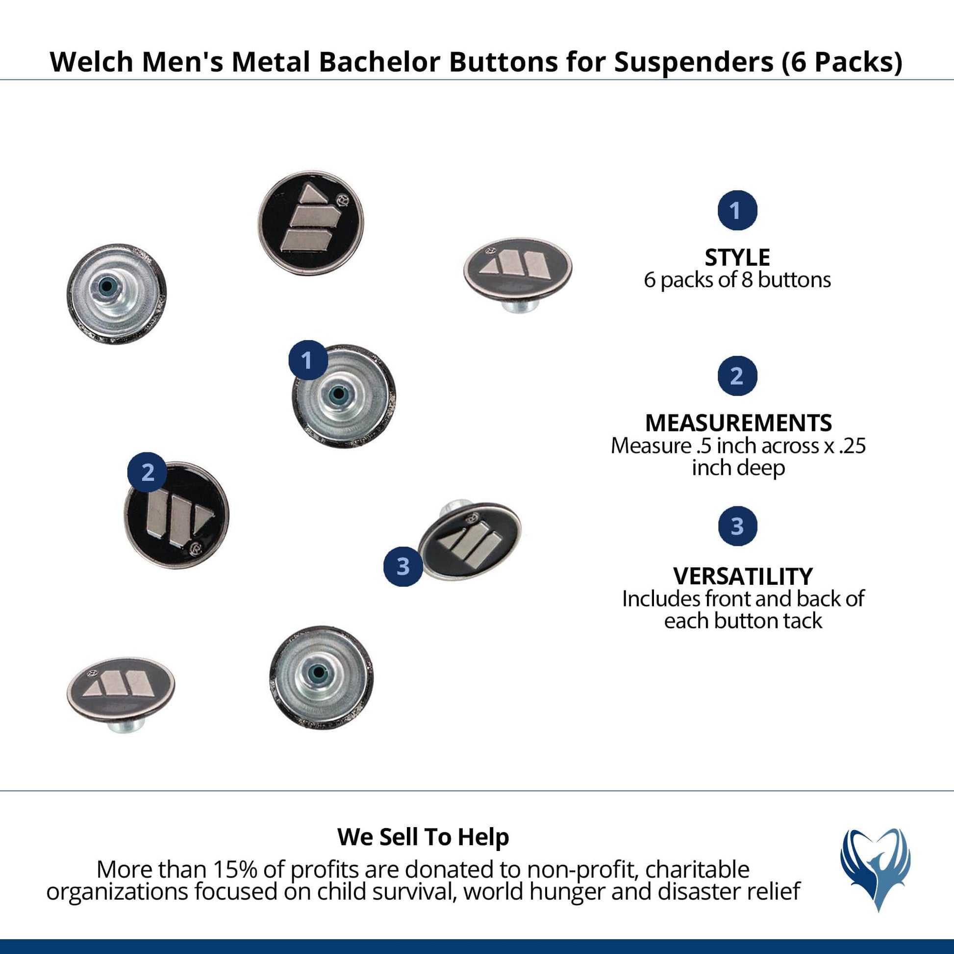 Welch Men's Metal Bachelor Buttons for Suspenders (6 Packs) - Silver and Black