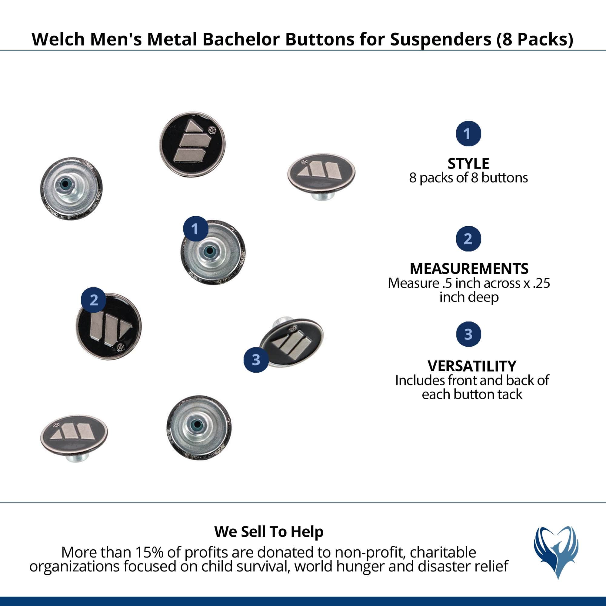Welch Men's Metal Bachelor Buttons for Suspenders (8 Packs) - Silver and Black