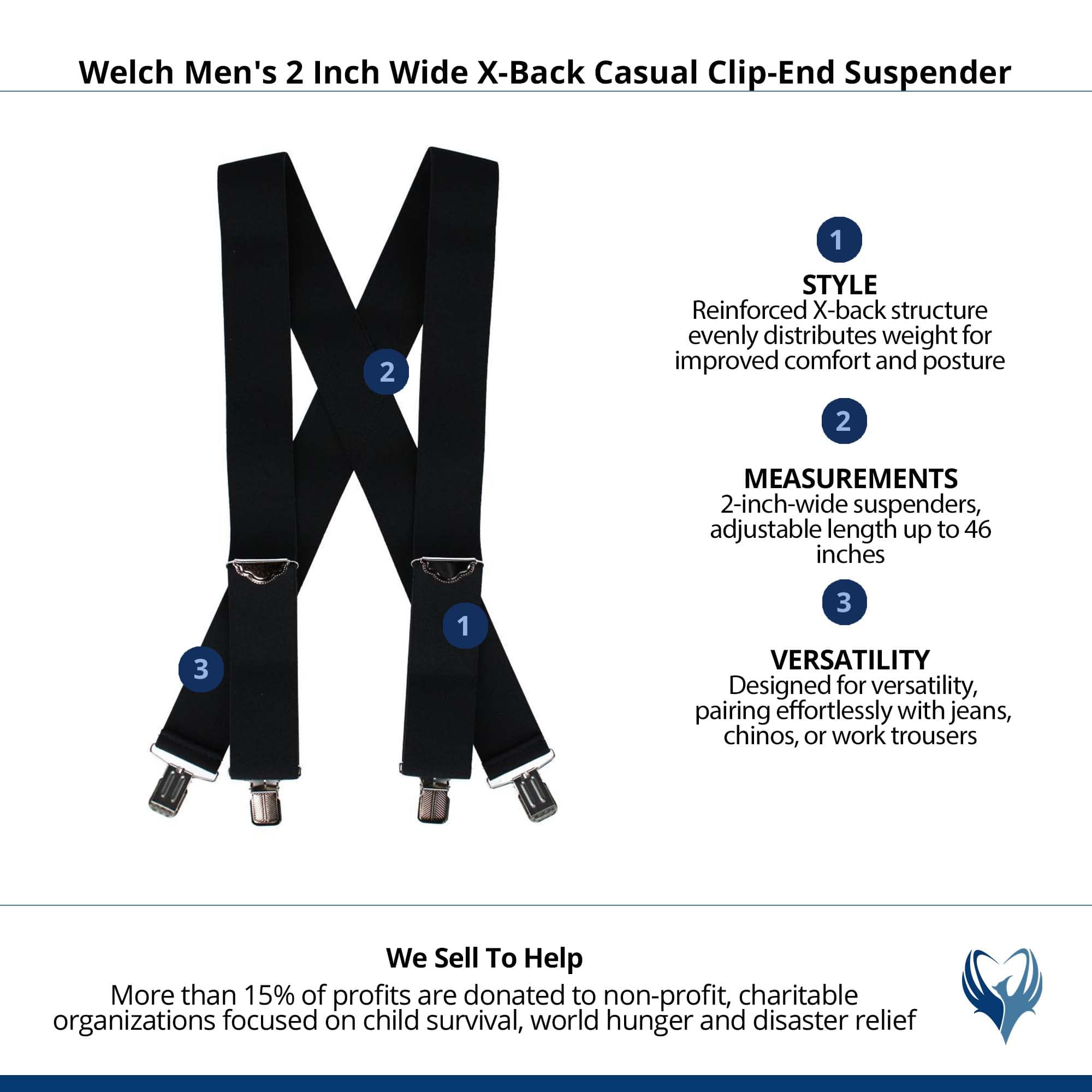 Welch Men's 2 Inch Wide X-Back Casual Clip-End Suspender - Black