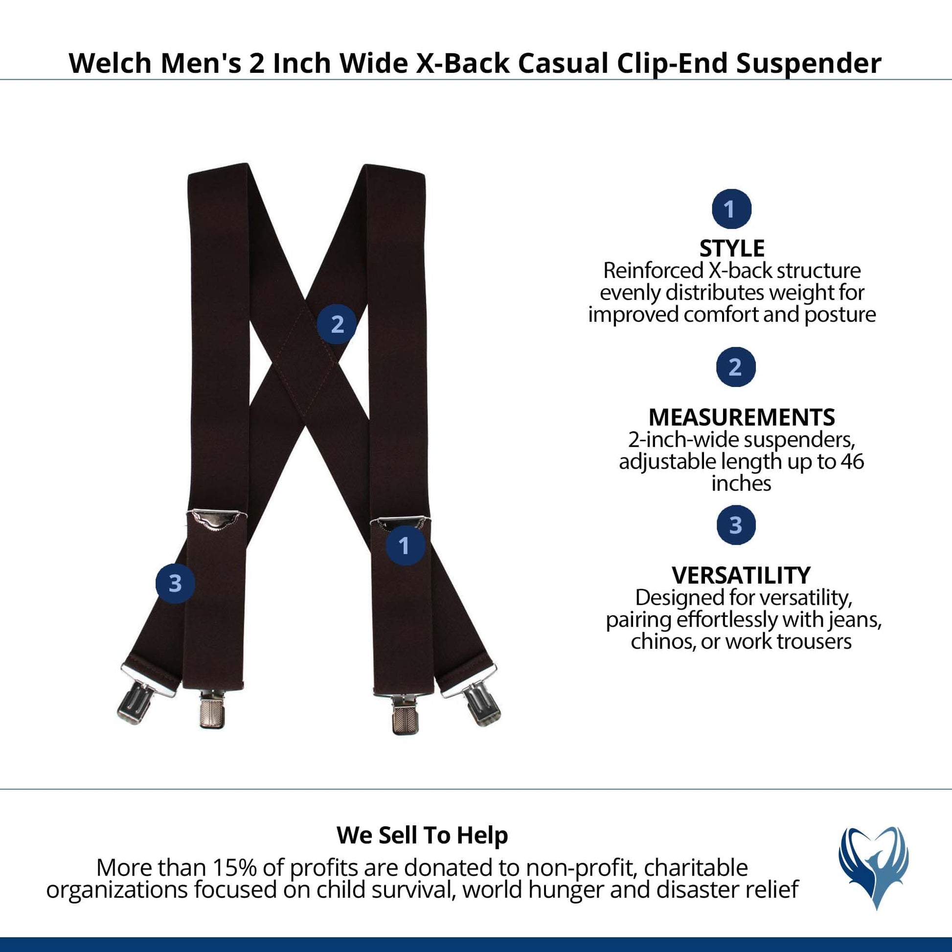 Welch Men's 2 Inch Wide X-Back Casual Clip-End Suspender - Brown