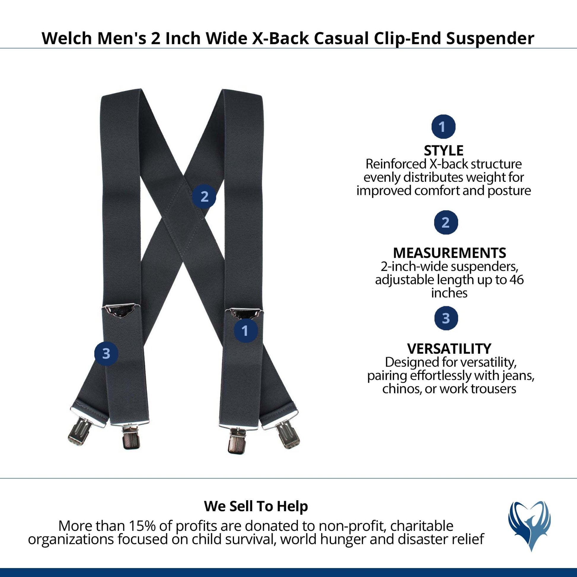 Welch Men's 2 Inch Wide X-Back Casual Clip-End Suspender - Gray