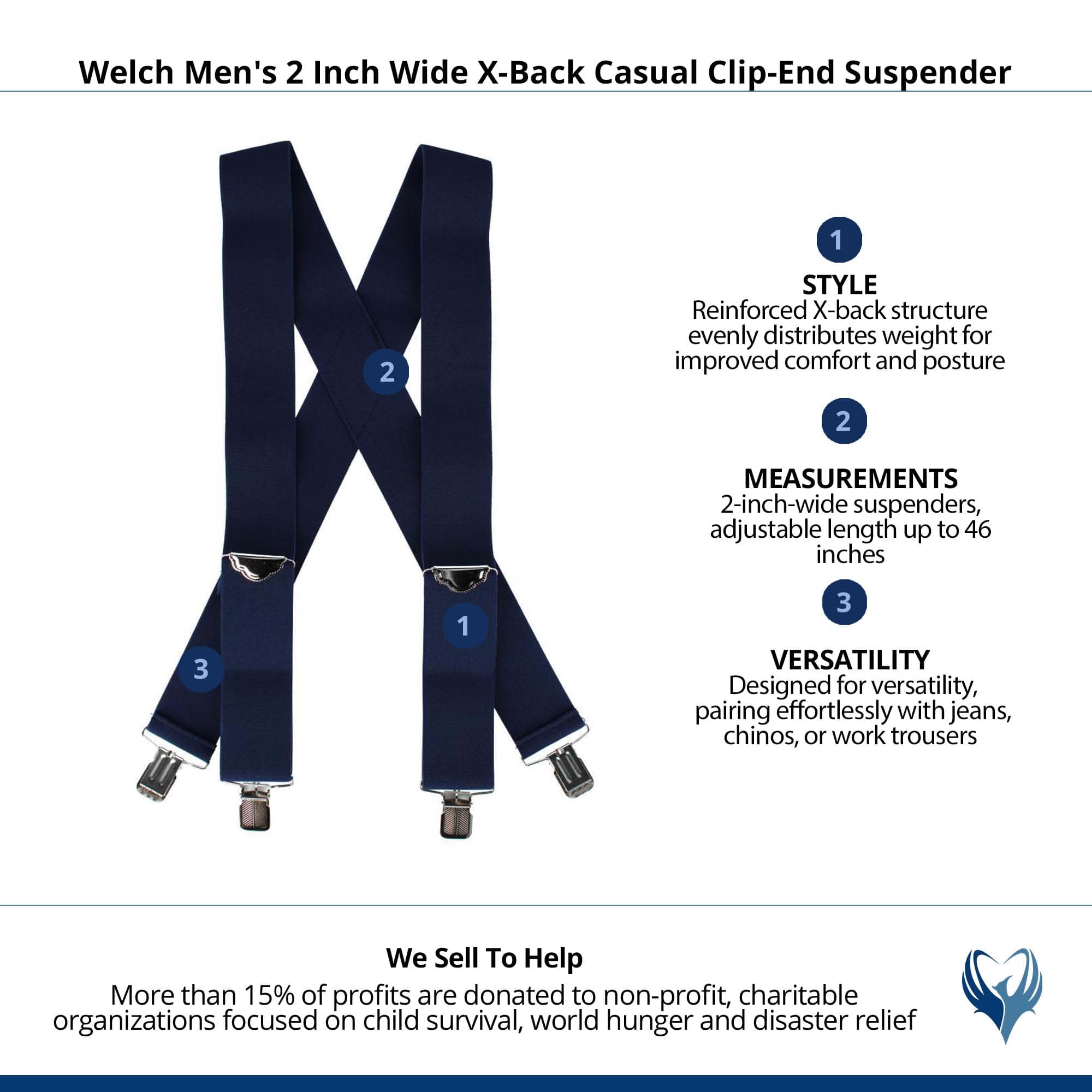 Welch Men's 2 Inch Wide X-Back Casual Clip-End Suspender - Navy Blue