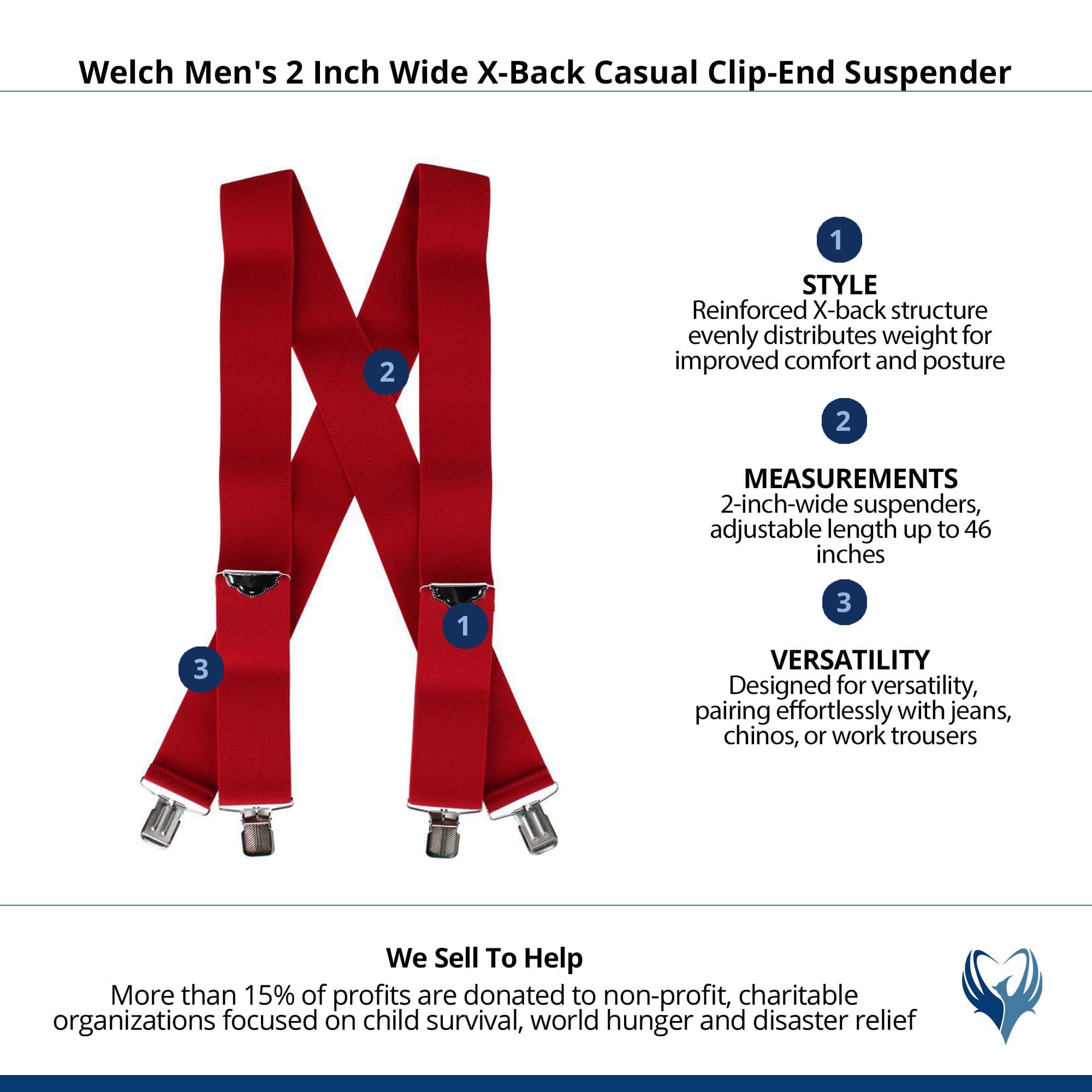 Welch Men's 2 Inch Wide X-Back Casual Clip-End Suspender - Red