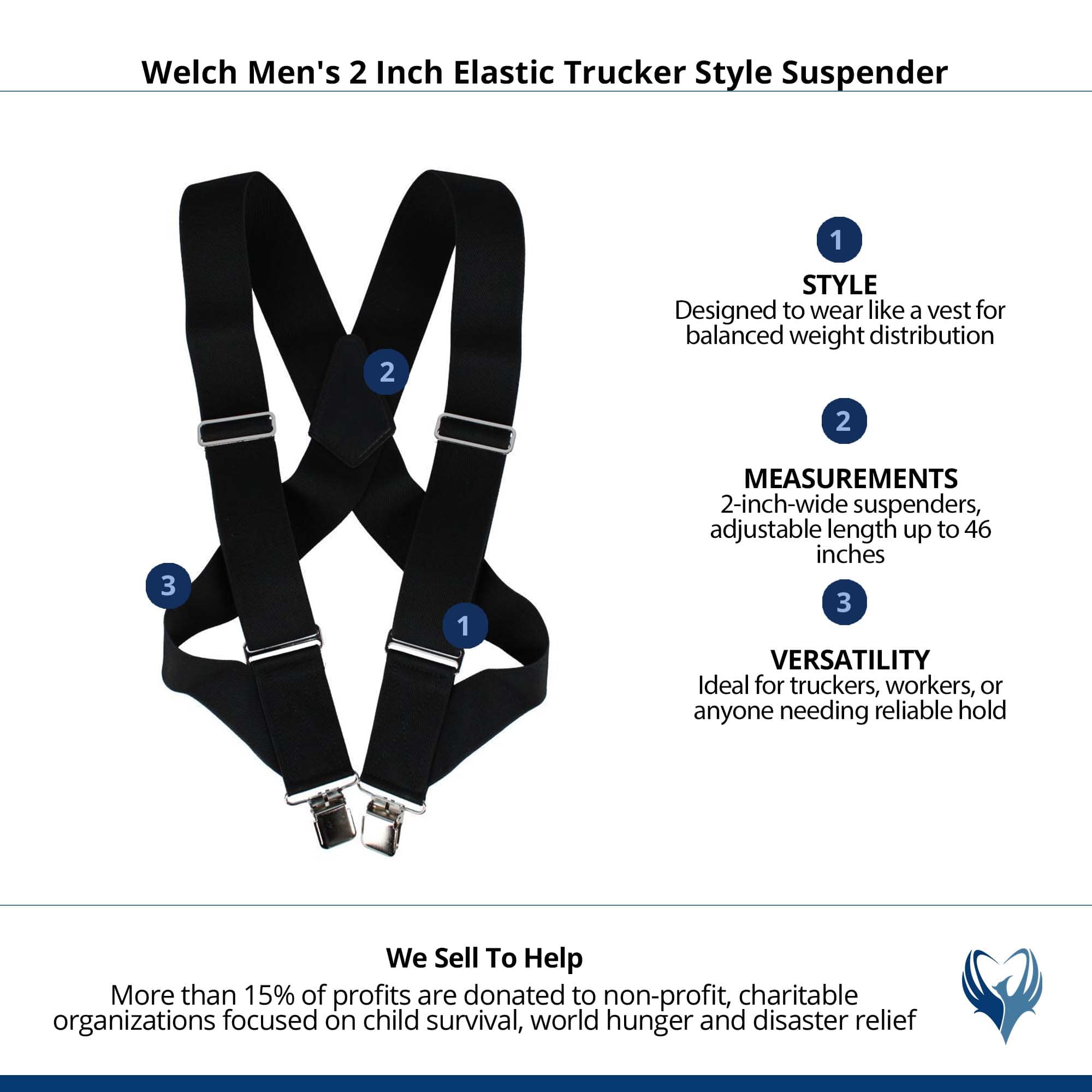 Welch Men's 2 Inch Elastic Trucker Style Suspender - Black