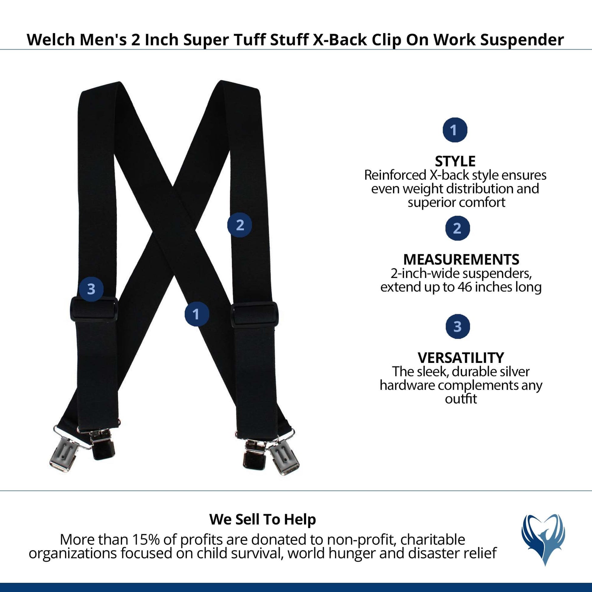 Welch Men's 2 Inch Super Tuff Stuff X-Back Clip On Work Suspender - Black