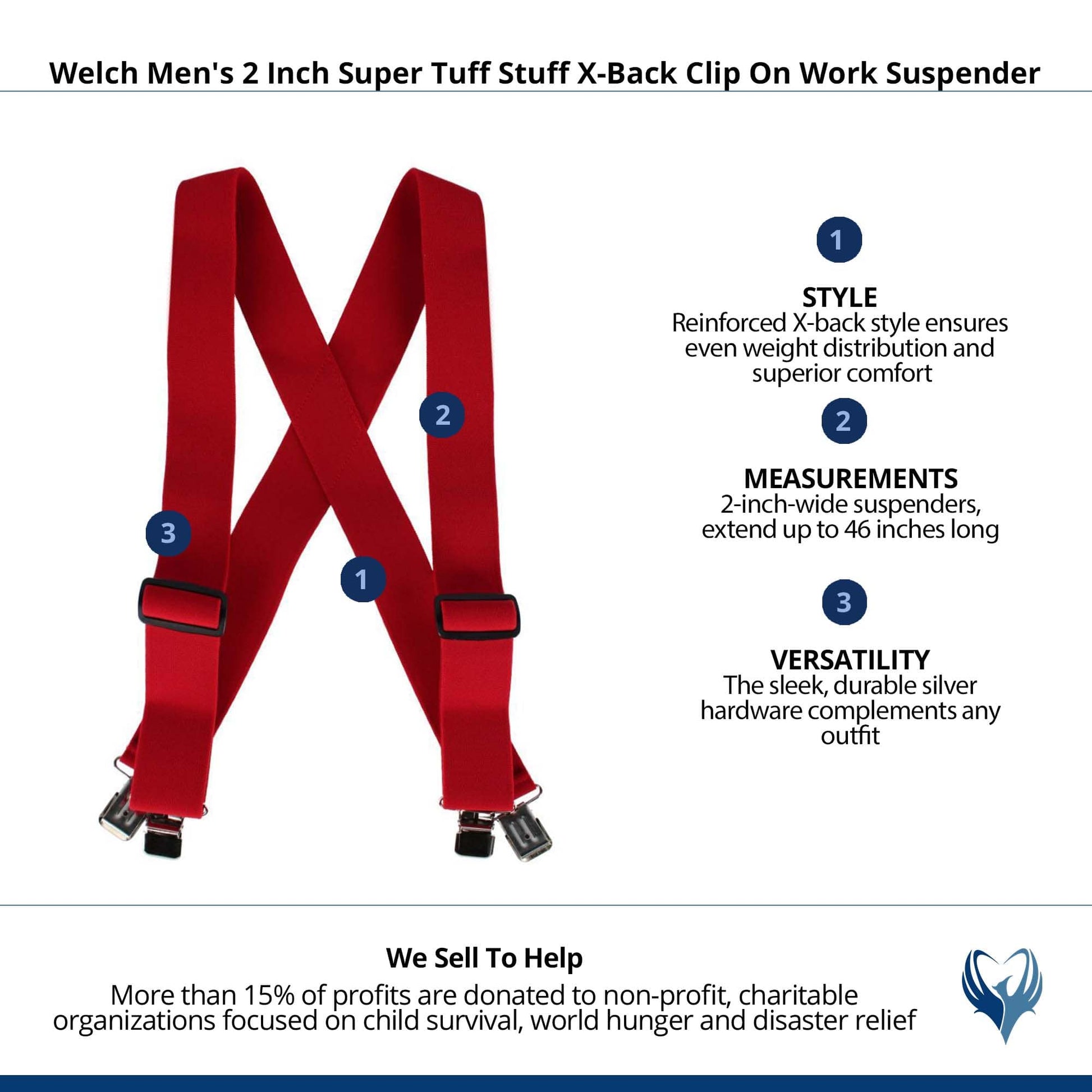 Welch Men's 2 Inch Super Tuff Stuff X-Back Clip On Work Suspender - Red