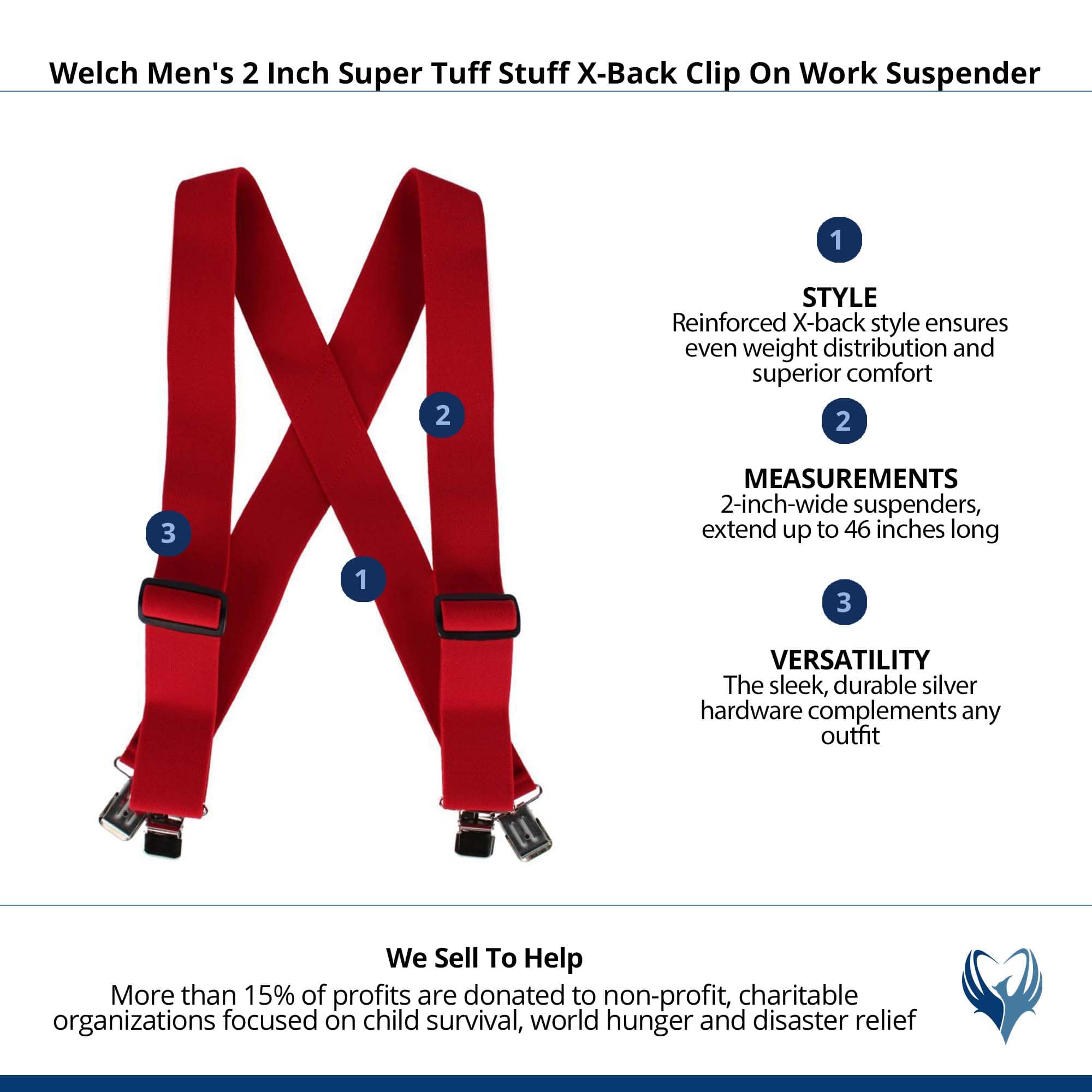 Welch Men's 2 Inch Super Tuff Stuff X-Back Clip On Work Suspender - Red