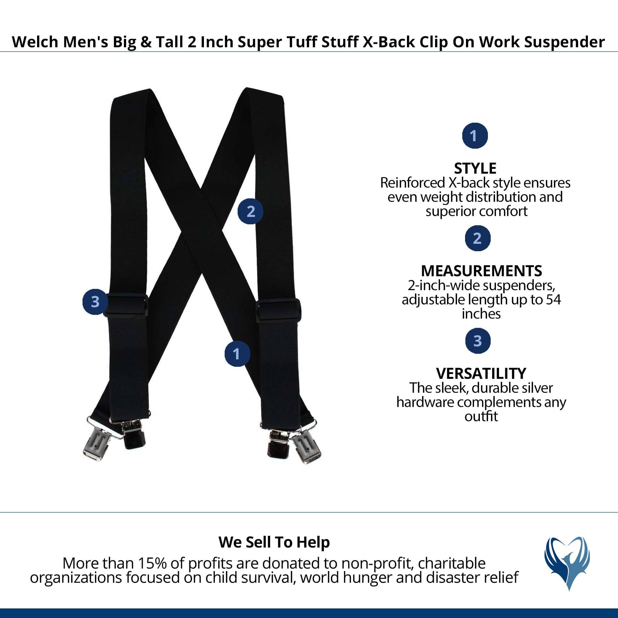 Welch Mens Big & Tall 2 Inch Super Tuff Stuff X-Back Clip On Work Suspender - Black