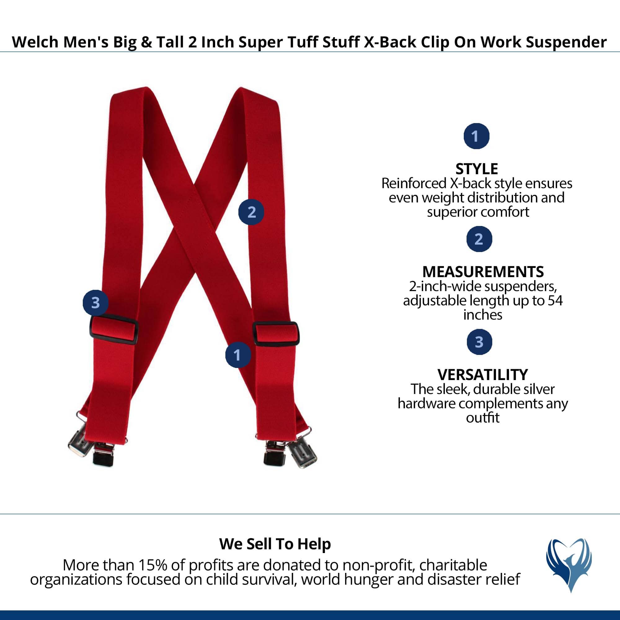 Welch Mens Big & Tall 2 Inch Super Tuff Stuff X-Back Clip On Work Suspender - Red