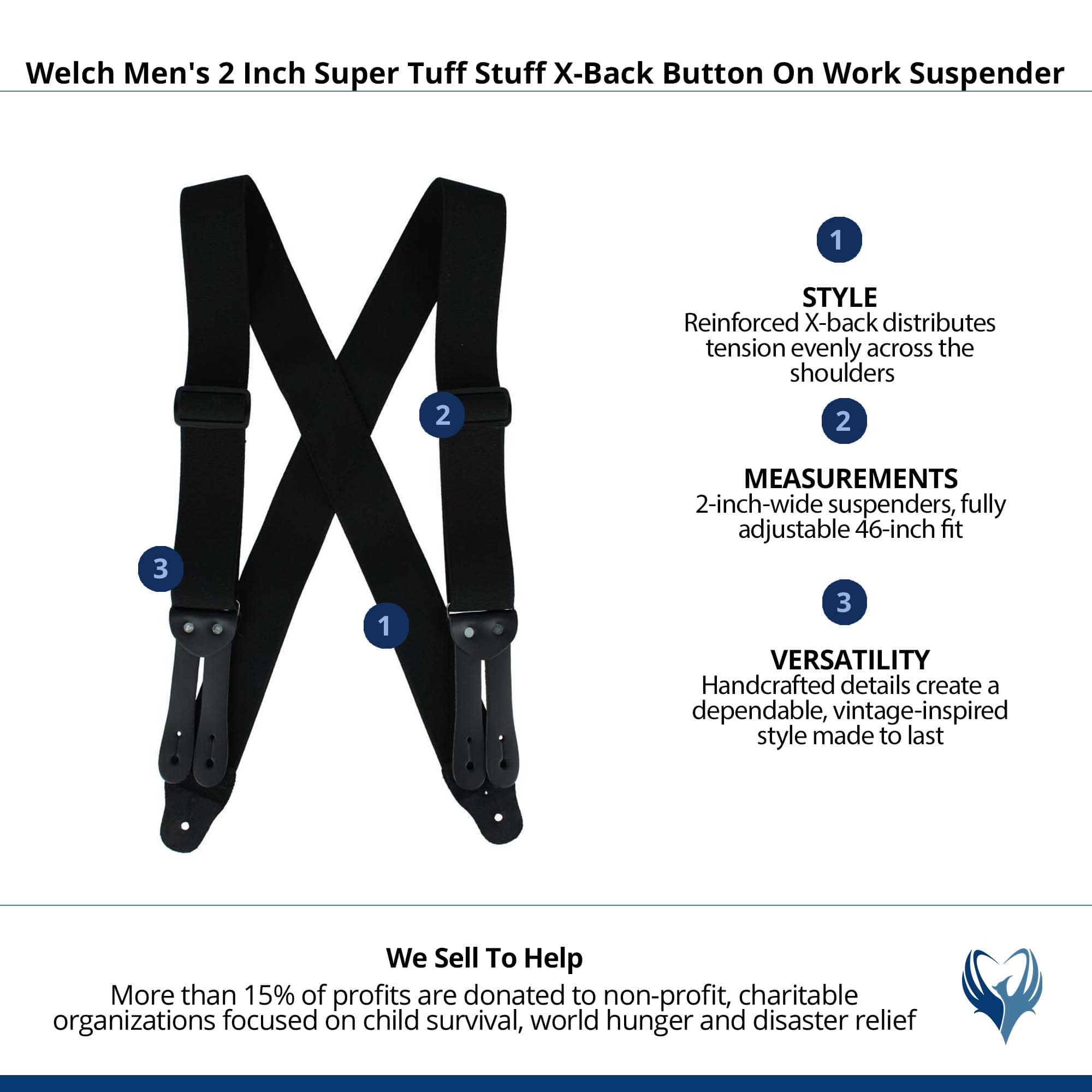 Welch Men's 2 Inch Super Tuff Stuff X-Back Button On Work Suspender - Black