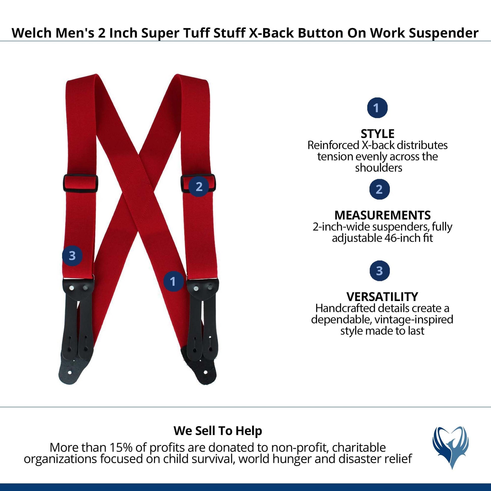 Welch Men's 2 Inch Super Tuff Stuff X-Back Button On Work Suspender - Red