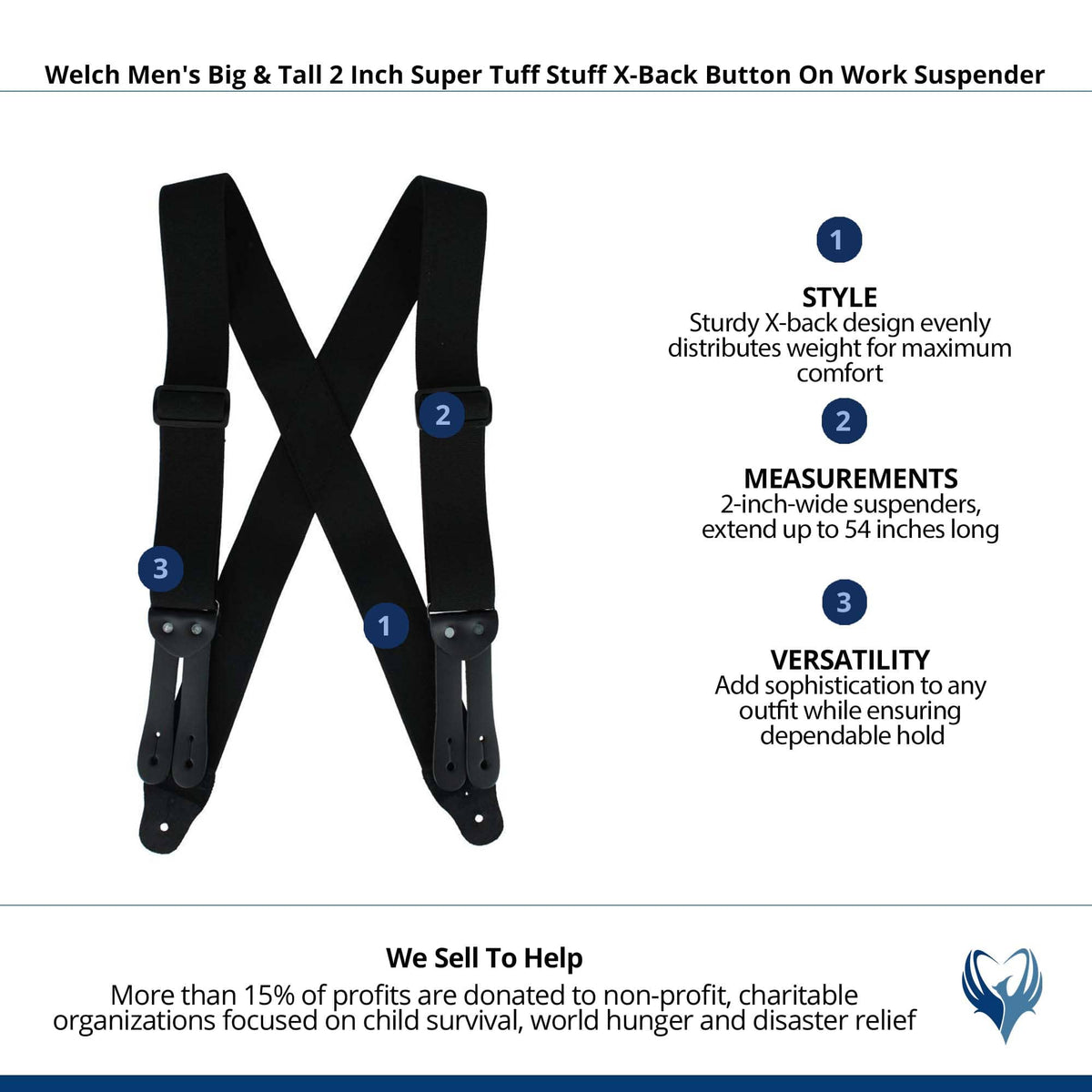 Welch Men's Big & Tall Super Tuff Stuff X-Back Button On Work Suspender - Black