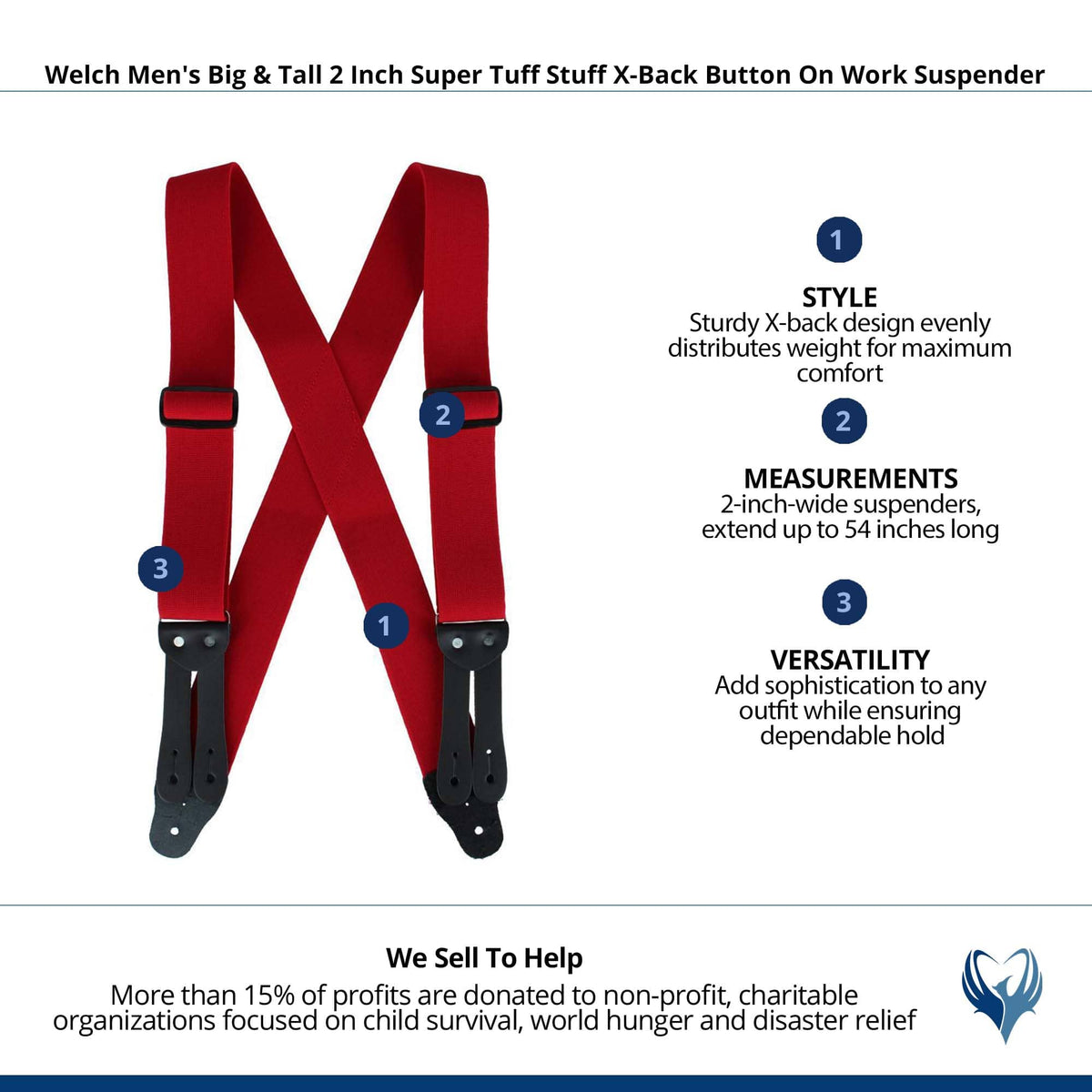 Welch Men's Big & Tall Super Tuff Stuff X-Back Button On Work Suspender - Red
