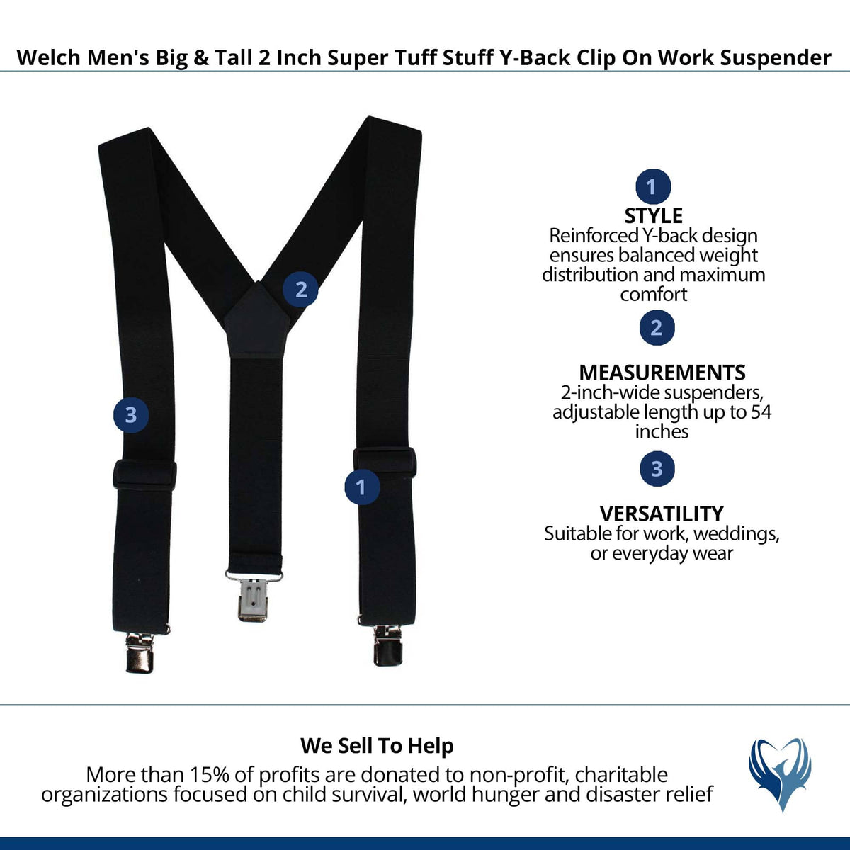 Welch Mens Big & Tall 2 Inch Super Tuff Stuff Y-Back Clip On Work Suspender - Black