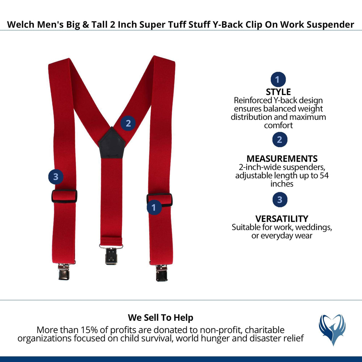 Welch Mens Big & Tall 2 Inch Super Tuff Stuff Y-Back Clip On Work Suspender - Red