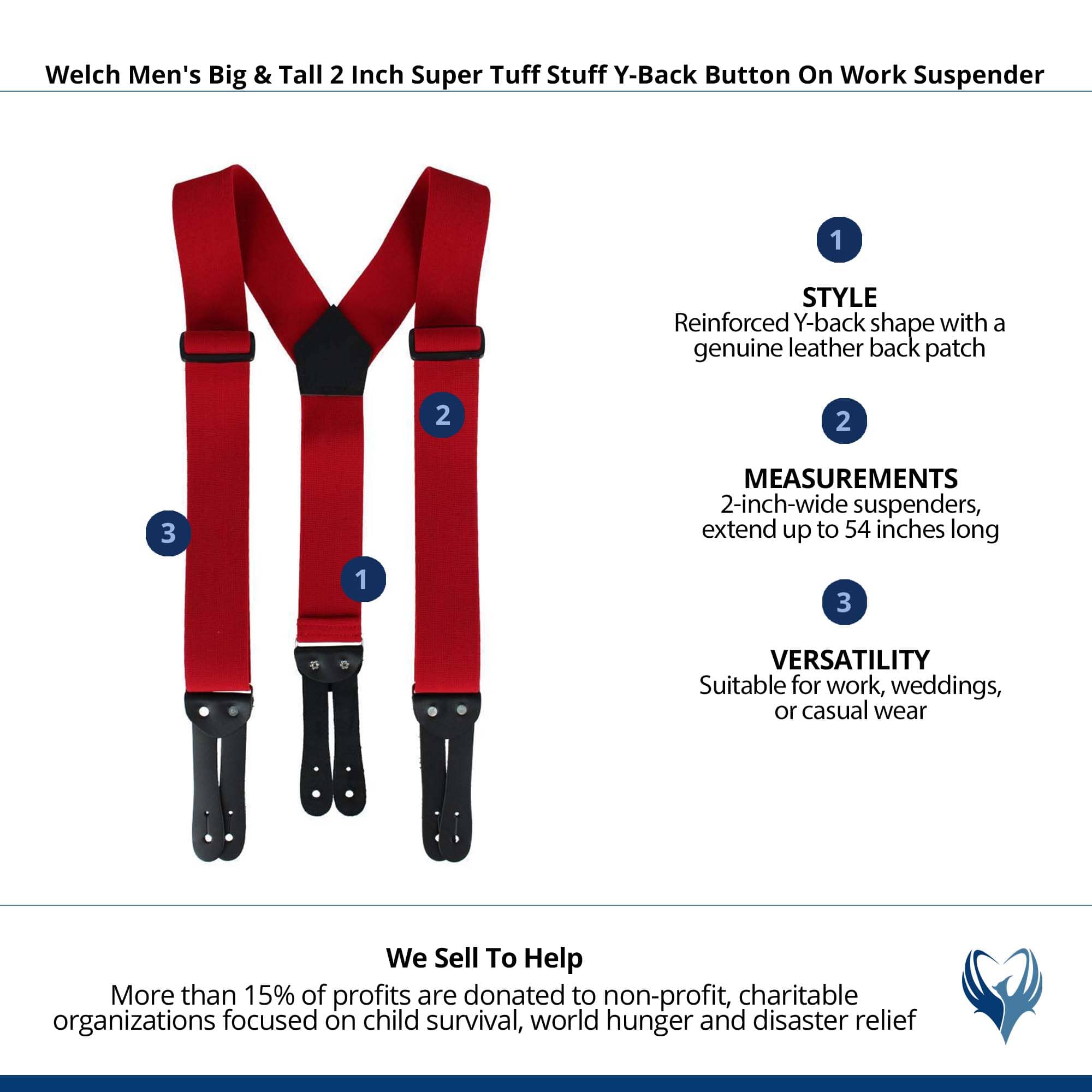 Welch Men's Big & Tall Super Tuff Stuff Y-Back Button On Work Suspender - Red