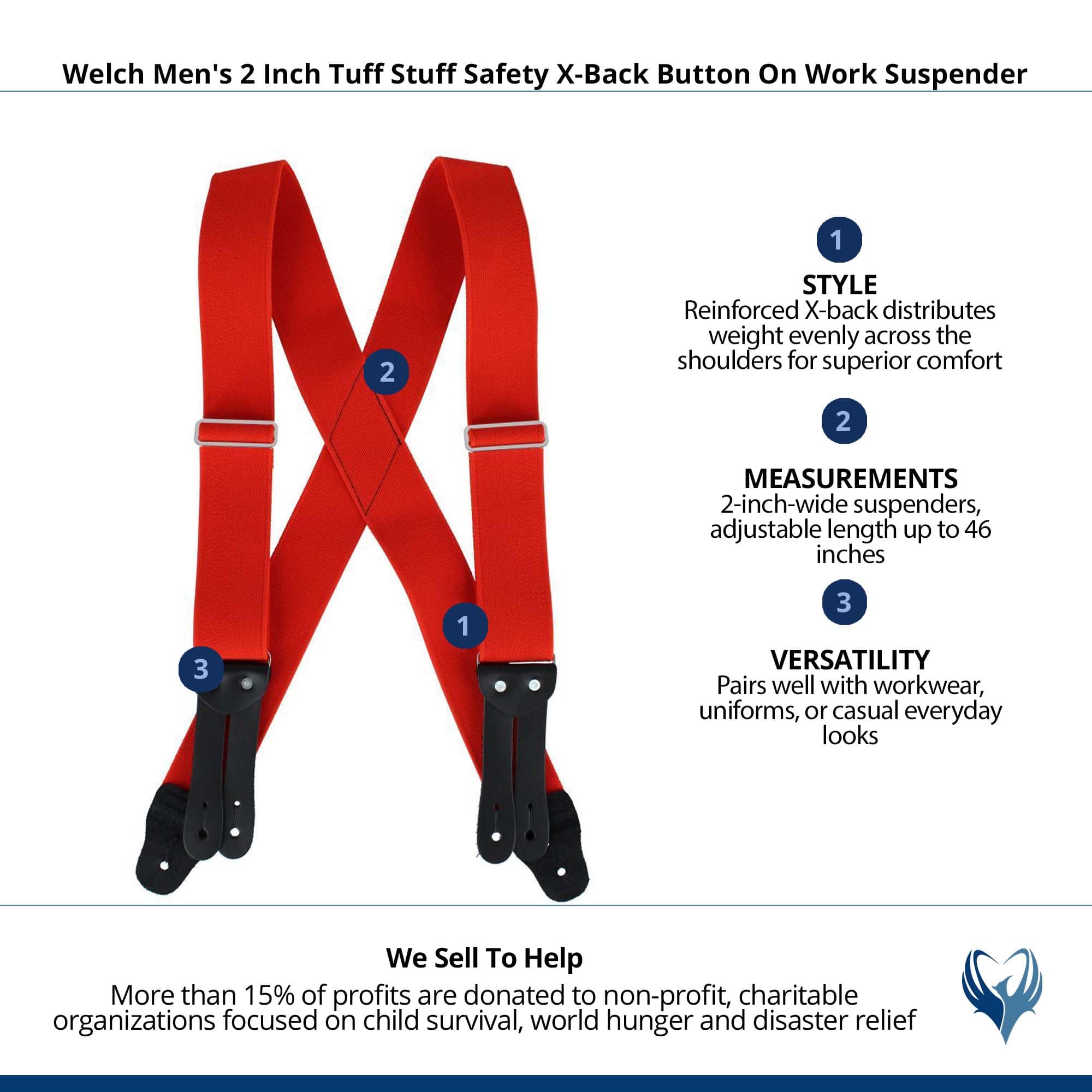 Welch Men's 2 Inch Tuff Stuff Safety X-Back Button On Work Suspender - Orange