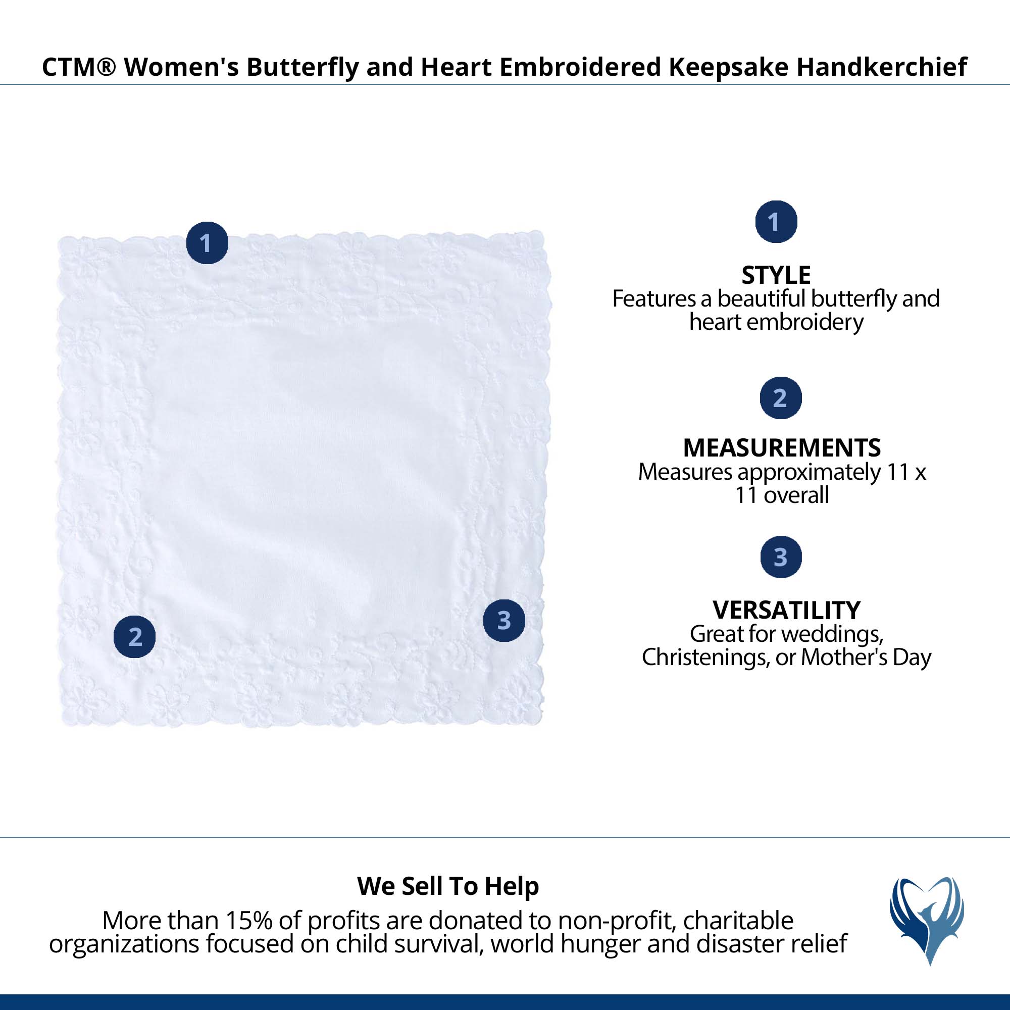 CTM® Women's Butterfly and Heart Embroidered Keepsake Handkerchief - White