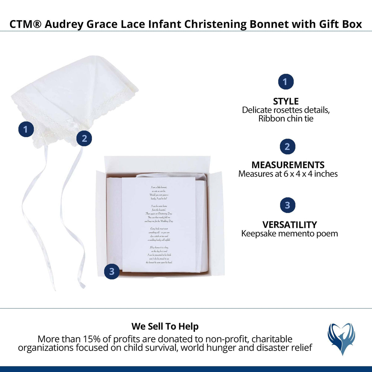 CTM® Audrey Grace Lace Infant Christening Bonnet with Gift Box - White