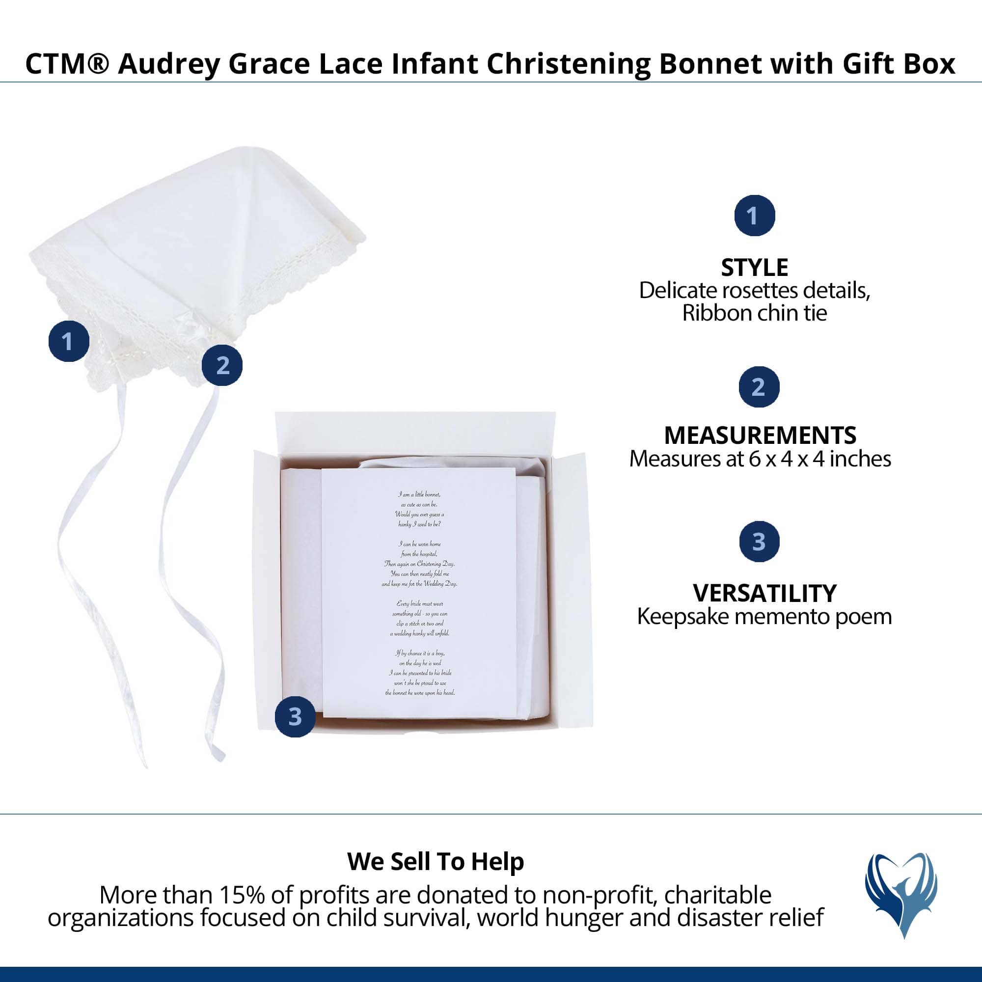 CTM® Audrey Grace Lace Infant Christening Bonnet with Gift Box - White