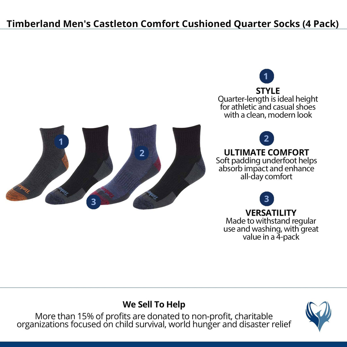 Timberland Men's Castleton Comfort Cushioned Quarter Socks (4 Pack) - 2 Black, Charcoal, Denim