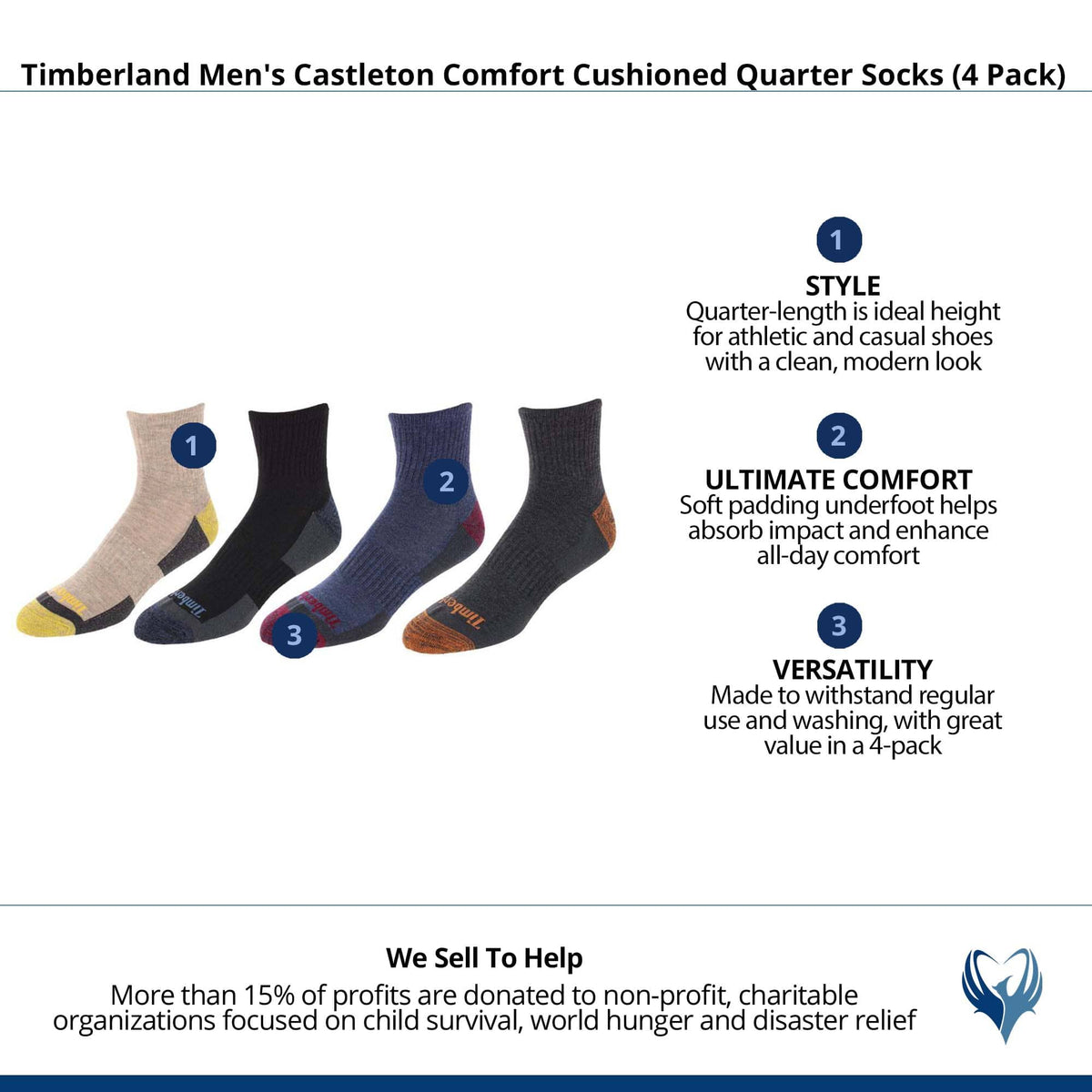 Timberland Men's Castleton Comfort Cushioned Quarter Socks (4 Pack) - Black, Charcoal, Bark, Denim