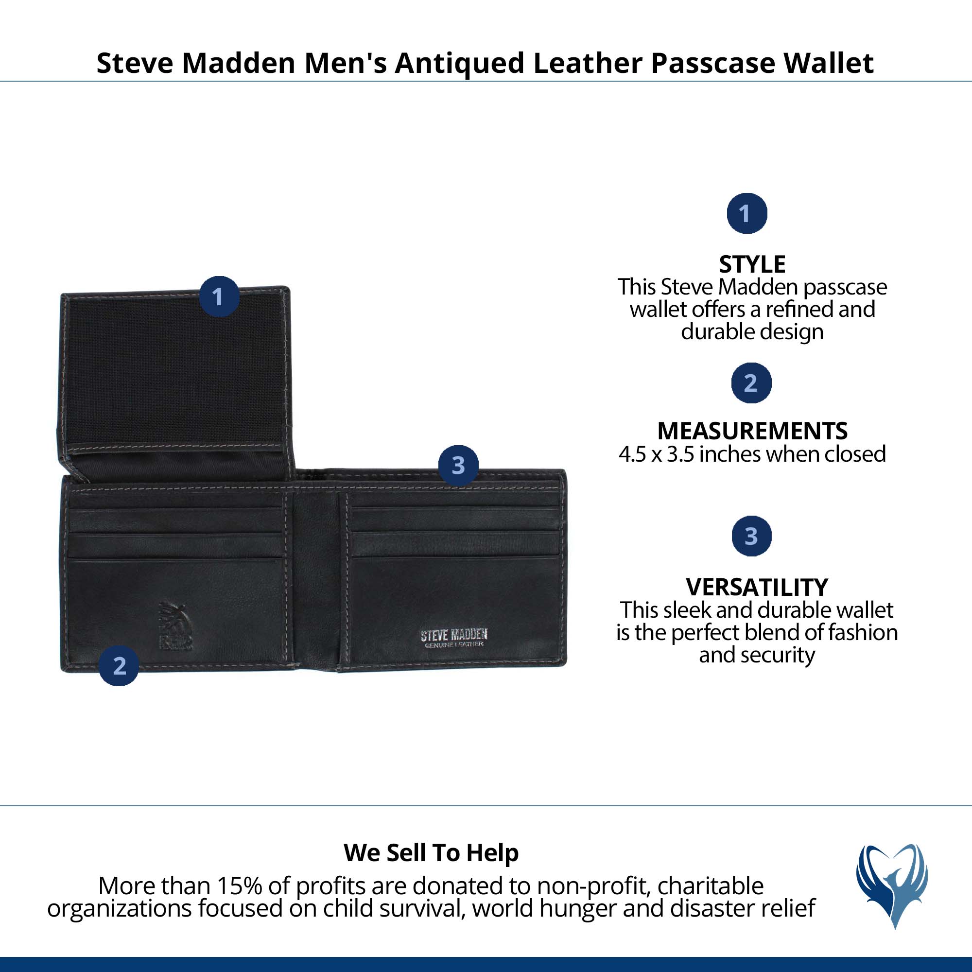 Steve Madden Men's Antiqued Leather Passcase Wallet - Black