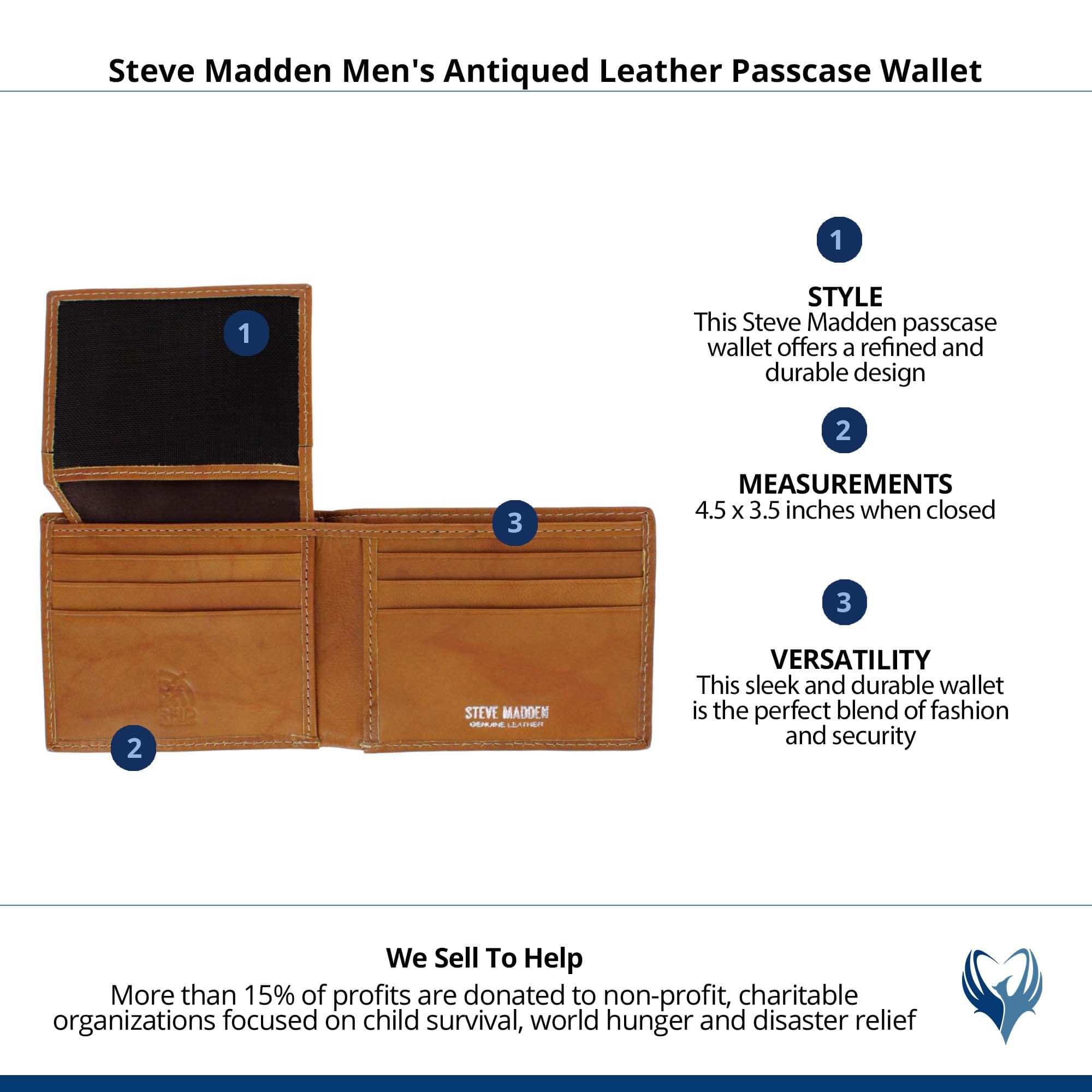 Steve Madden Men's Antiqued Leather Passcase Wallet - Tan