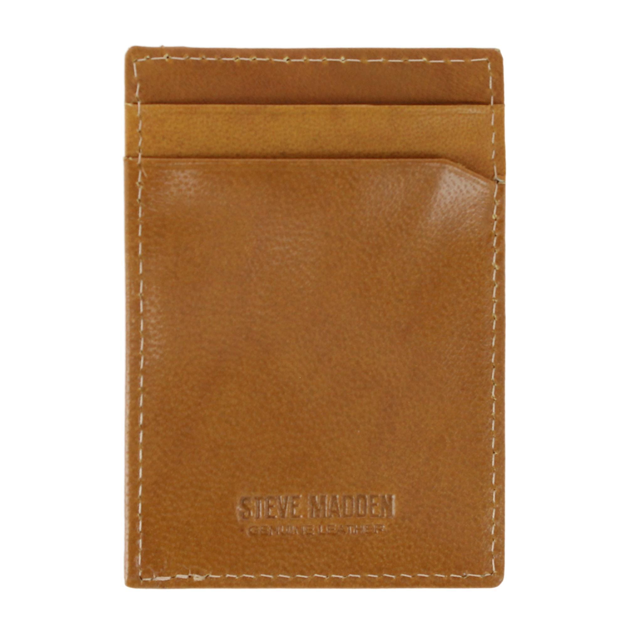 Steve Madden Men's Antiqued Leather RFID Money Clip Wallet - Tan