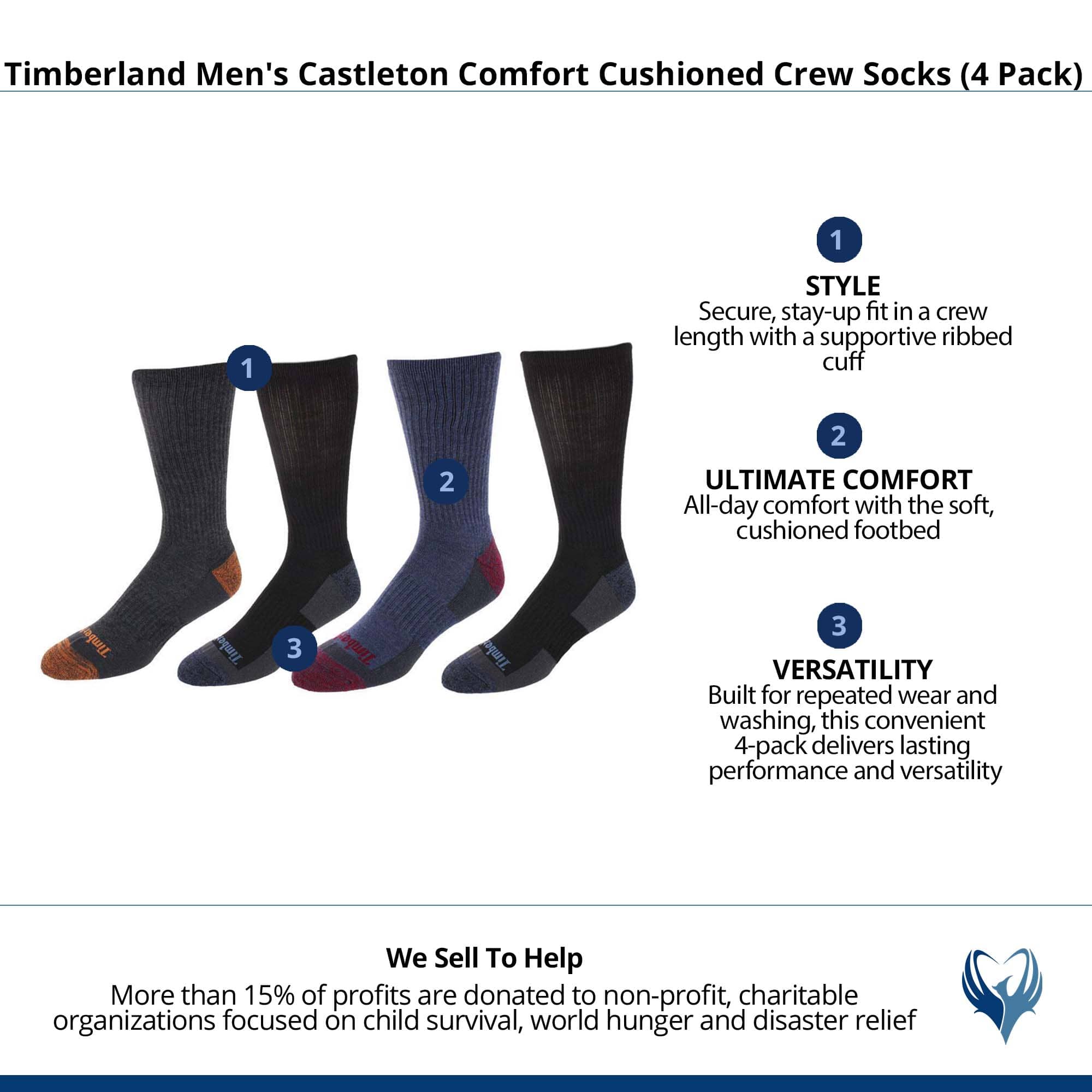 Timberland Men's Castleton Comfort Cushioned Crew Socks (4 Pack) - 2 Black, Charcoal, Denim