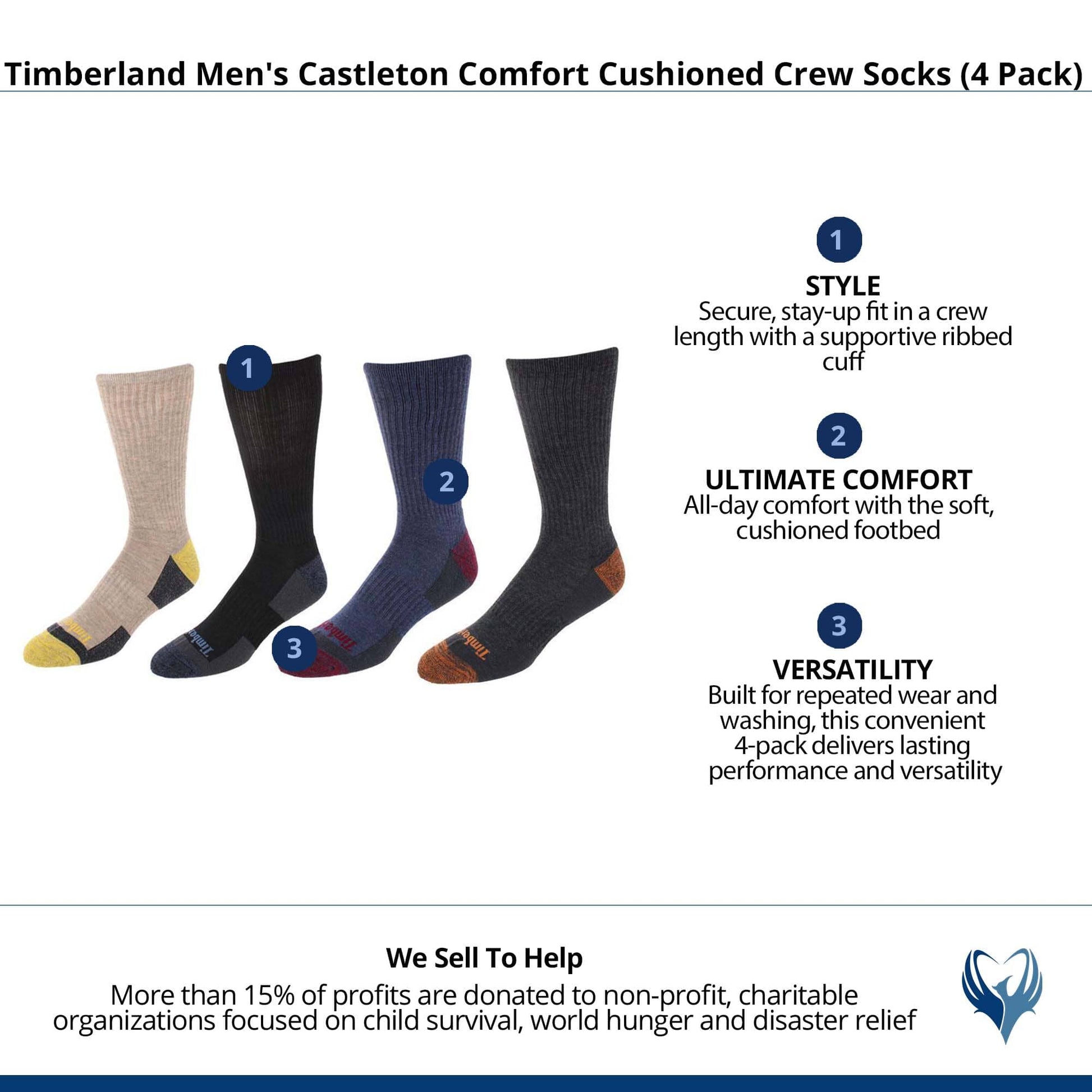 Timberland Men's Castleton Comfort Cushioned Crew Socks (4 Pack) - Black, Charcoal, Bark, Denim