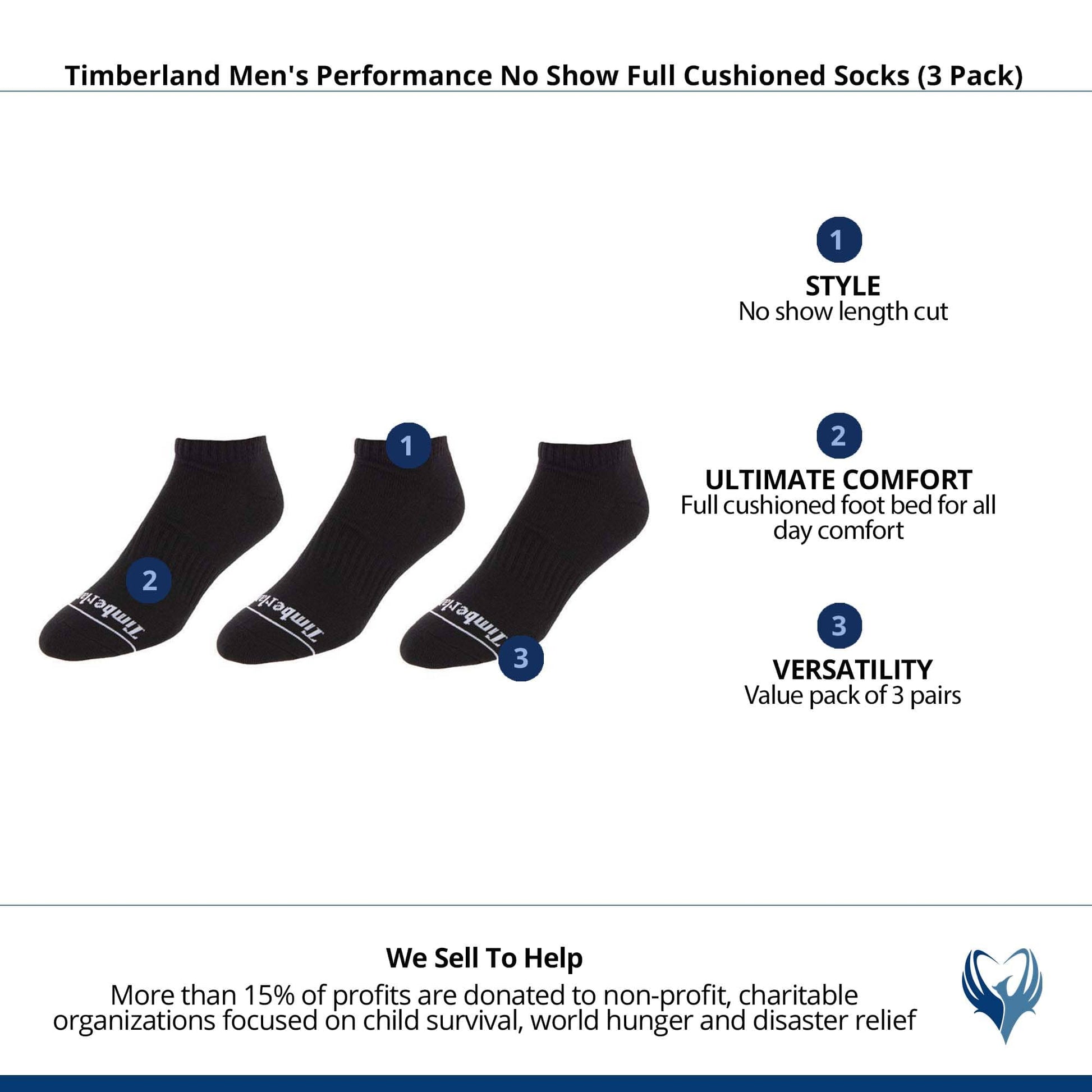 Timberland Men's Performance No Show Full Cushioned Socks (3 Pack) - Black