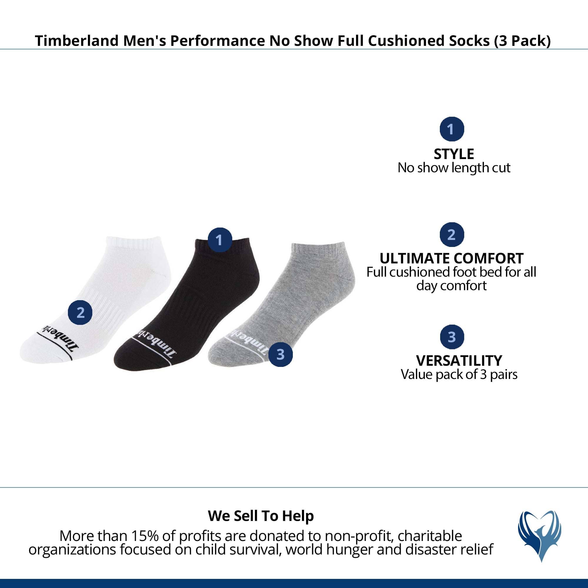 Timberland Men's Performance No Show Full Cushioned Socks (3 Pack) - Grey, White, and Black