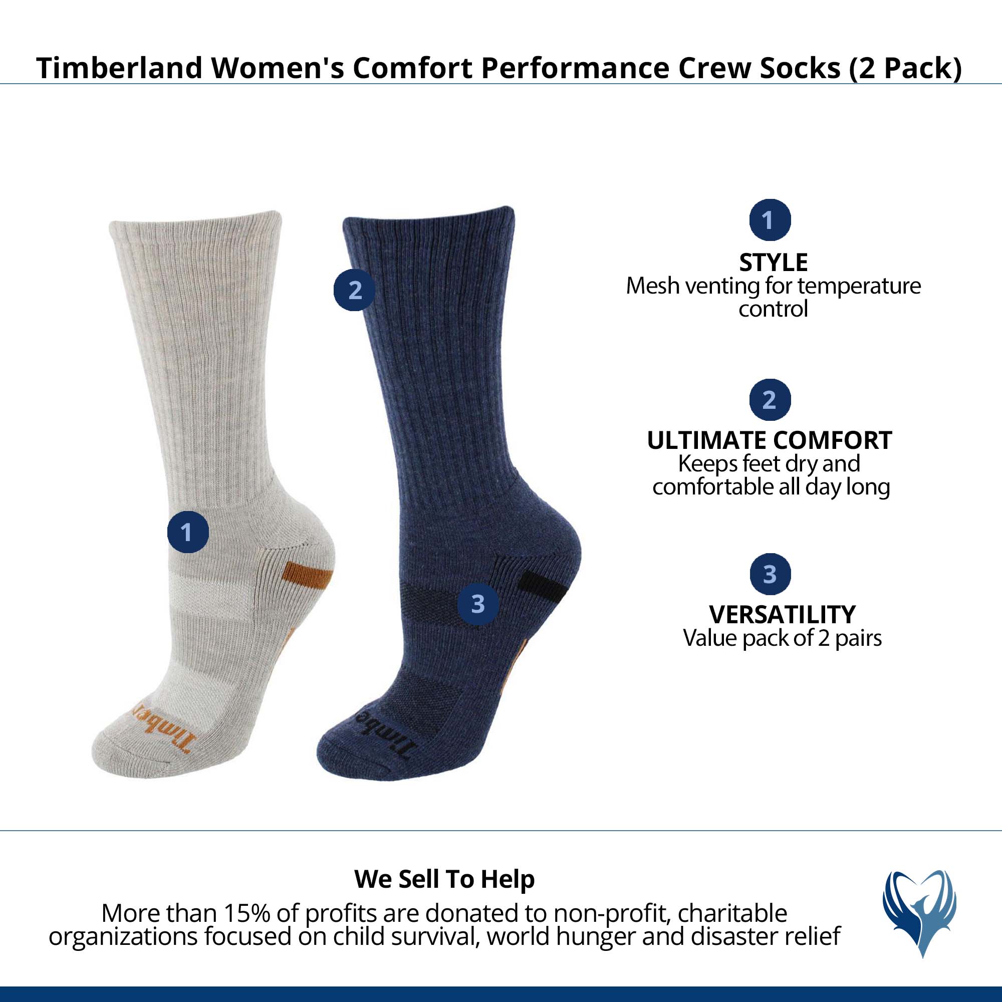 Timberland Women's Comfort Performance Crew Socks (2 Pack) - Oatmeal and Navy