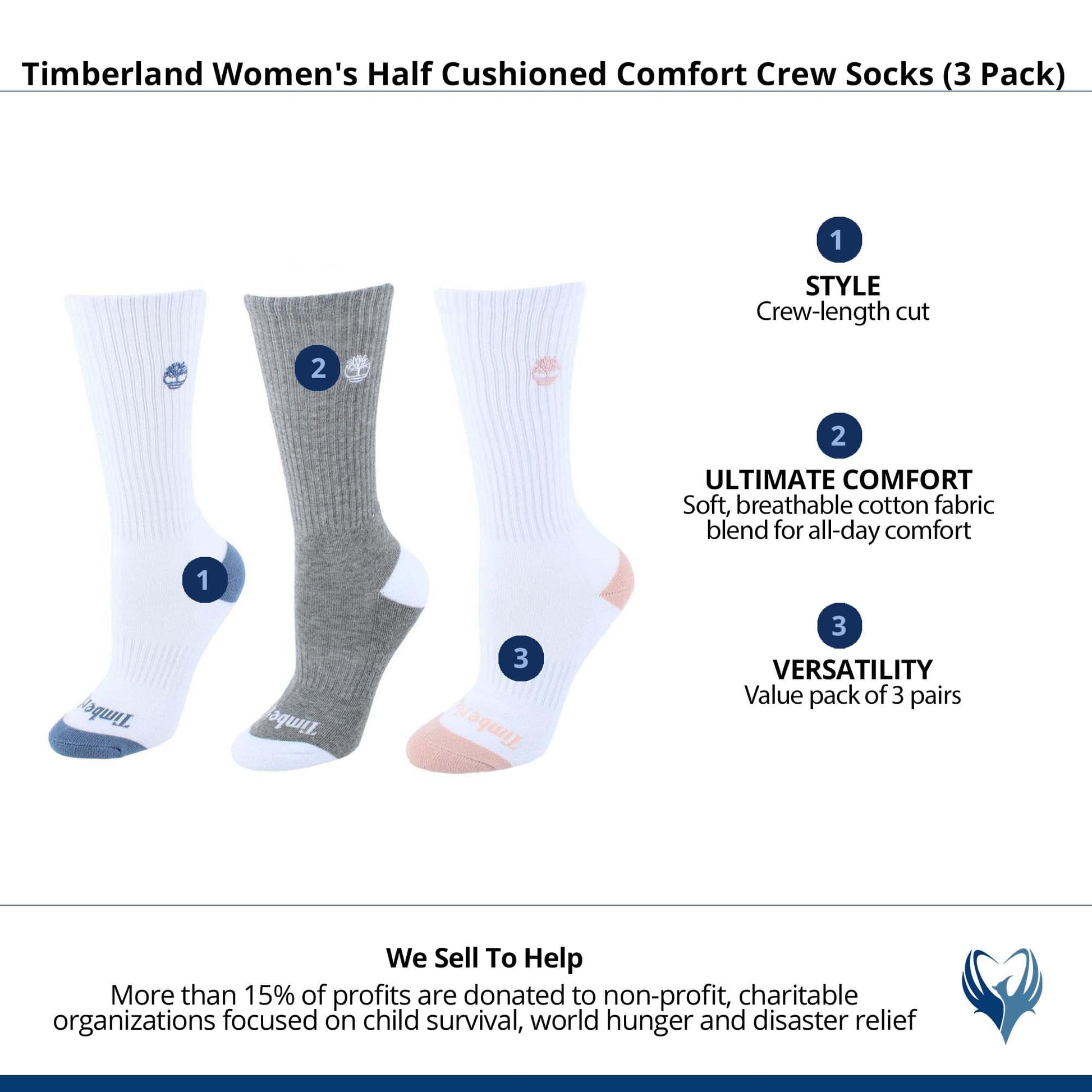 Timberland Women's Half Cushioned Comfort Crew Socks (3 Pack) - White