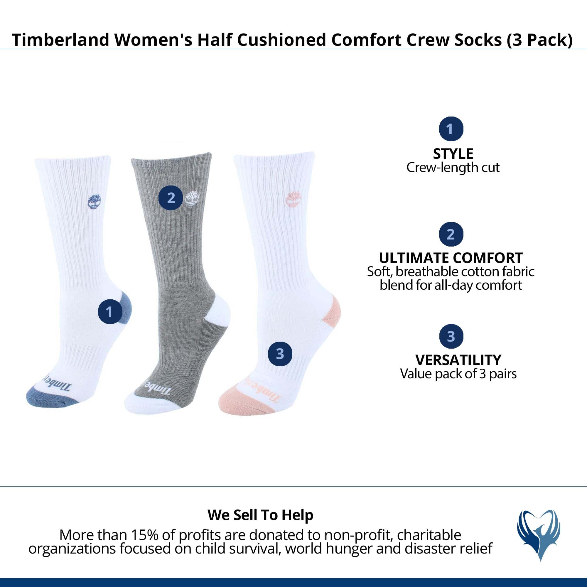 Timberland Women's Half Cushioned Comfort Crew Socks (3 Pack) - White