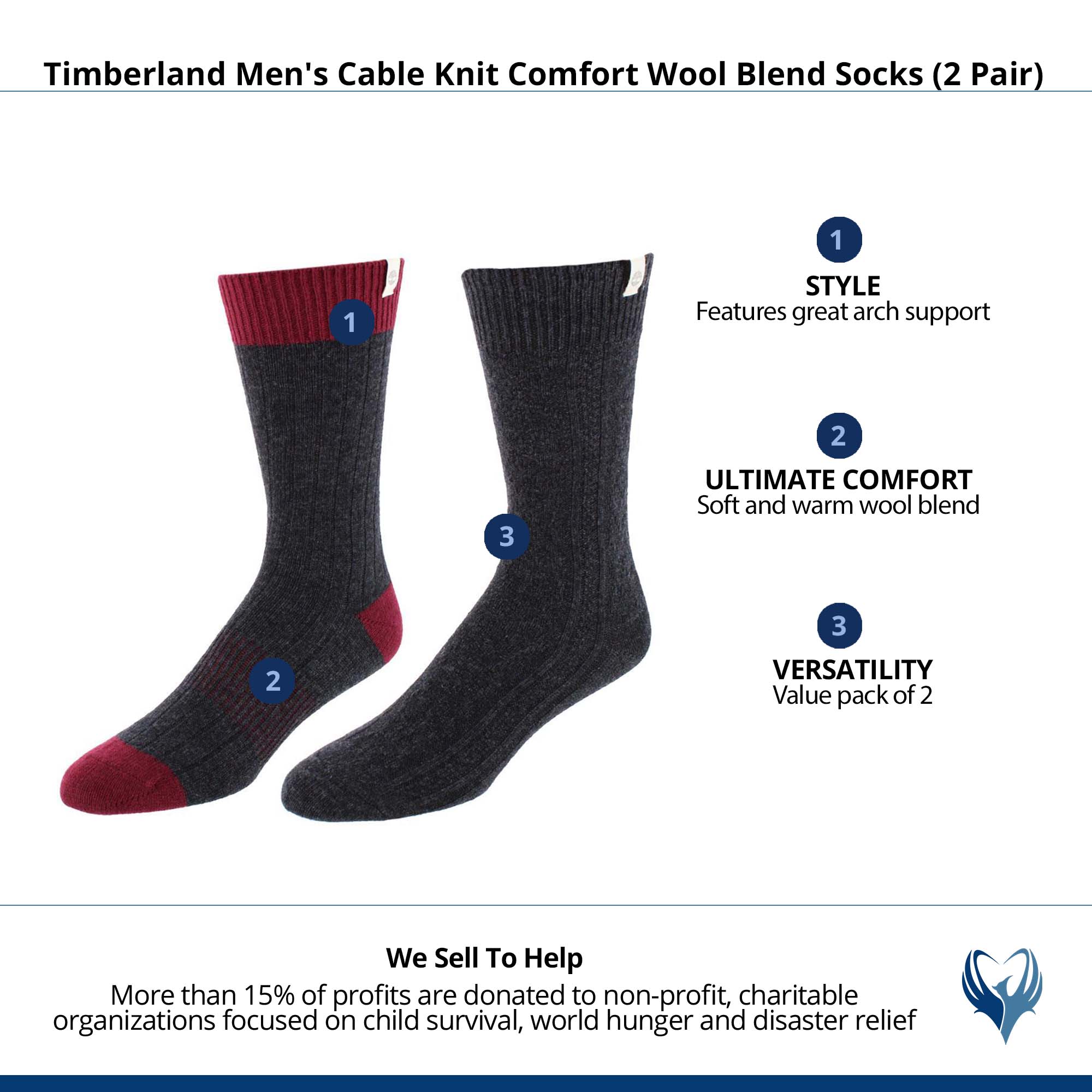 Timberland Men's Cable Knit Comfort Wool Blend Socks (2 Pair) - Grey