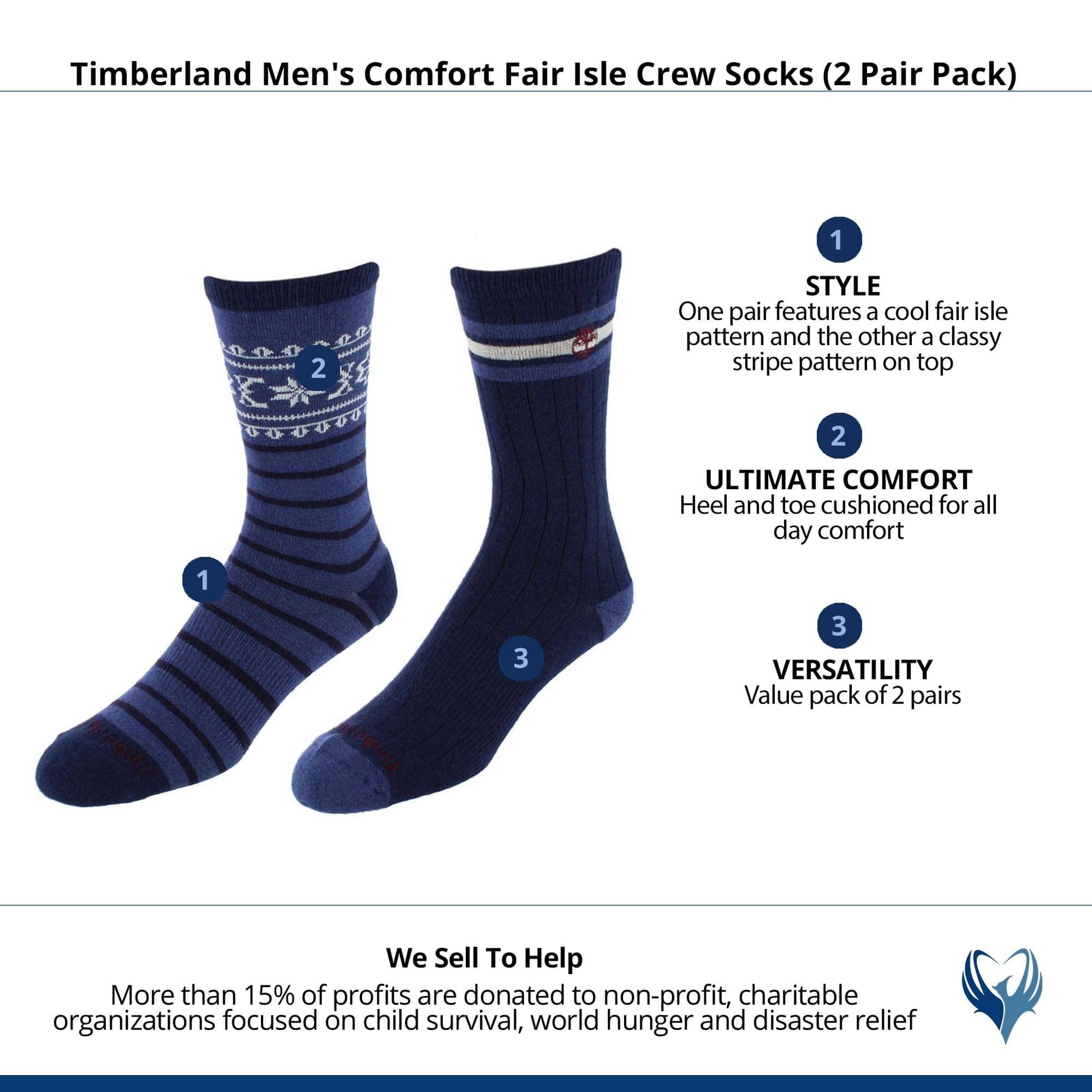 Timberland Men's Comfort Fair Isle Crew Socks (2 Pair Pack) - Navy