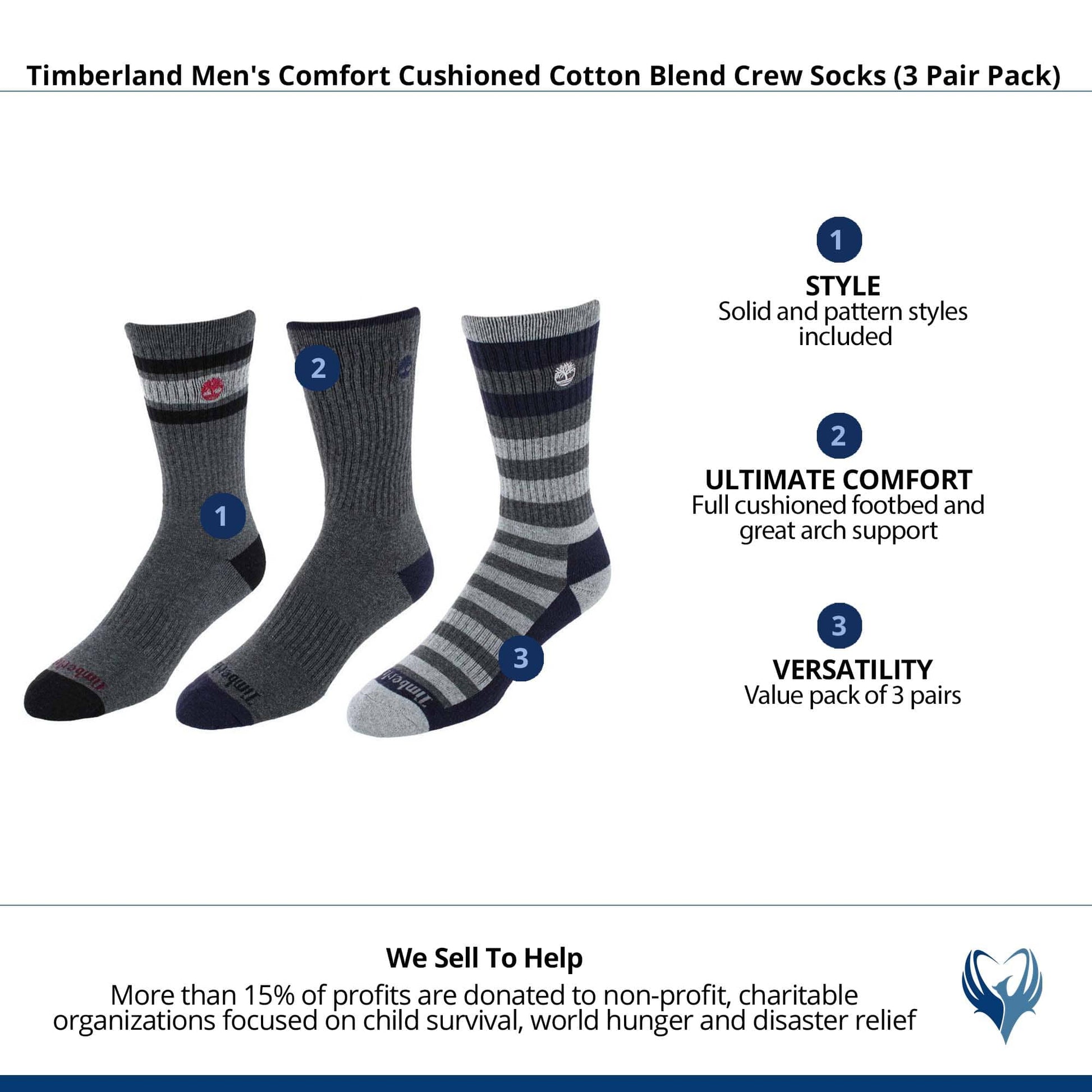 Timberland Men's Comfort Cushioned Cotton Blend Crew Socks (3 Pair Pack) - Grey