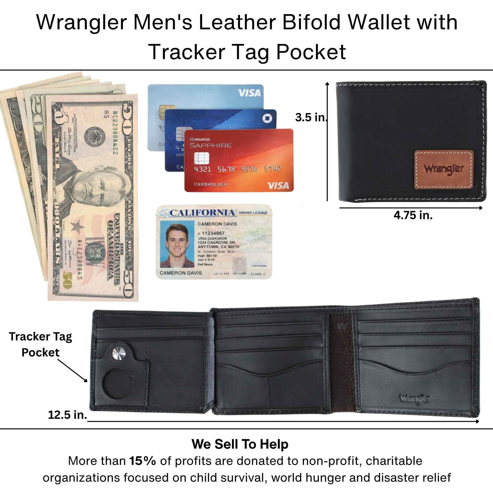 Wrangler Men's Leather Bifold Wallet with Tracker Tag Pocket - Brown